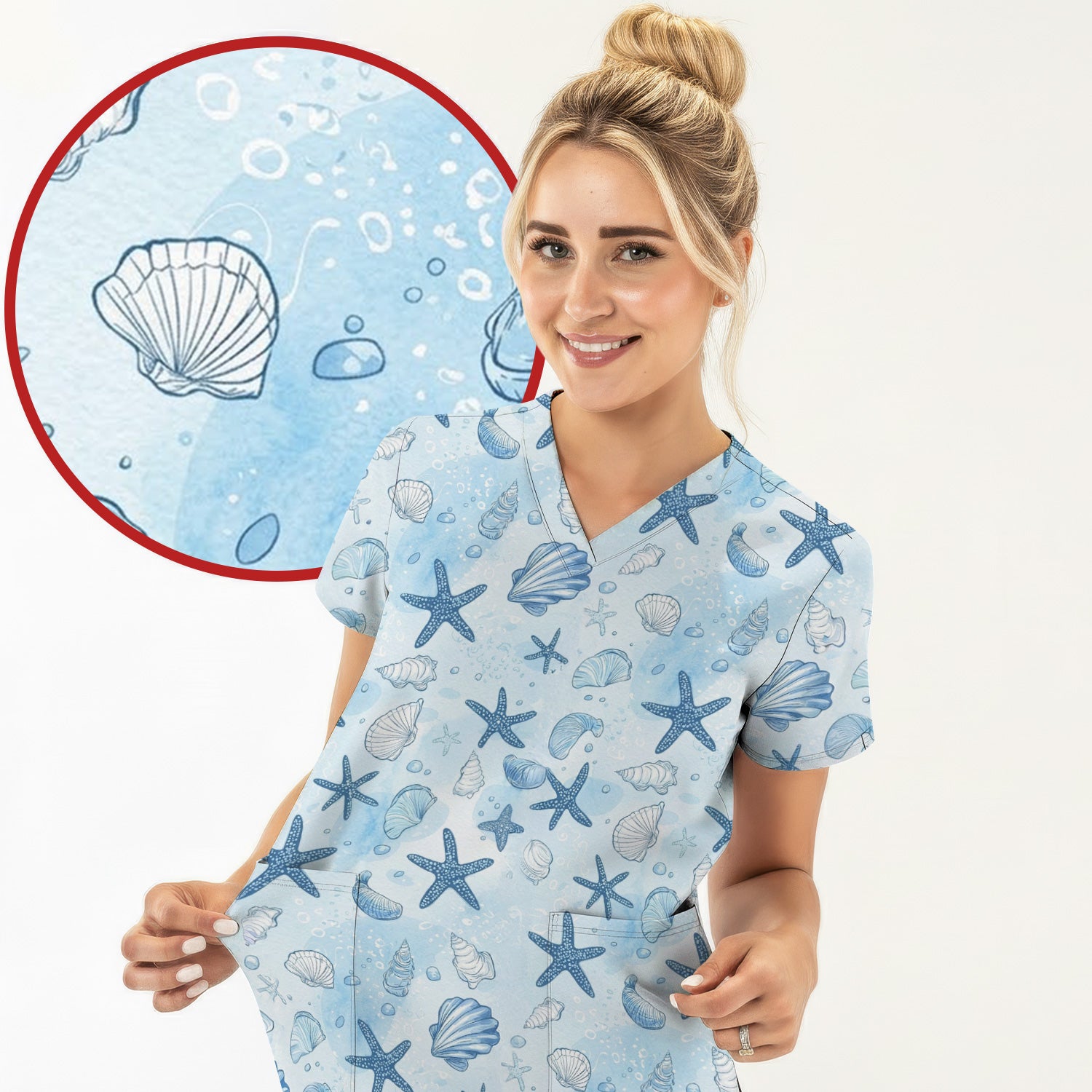 Blue Sea Shells Starfish Pattern Scrubs Top, Comfortable Scrubs for Nurses