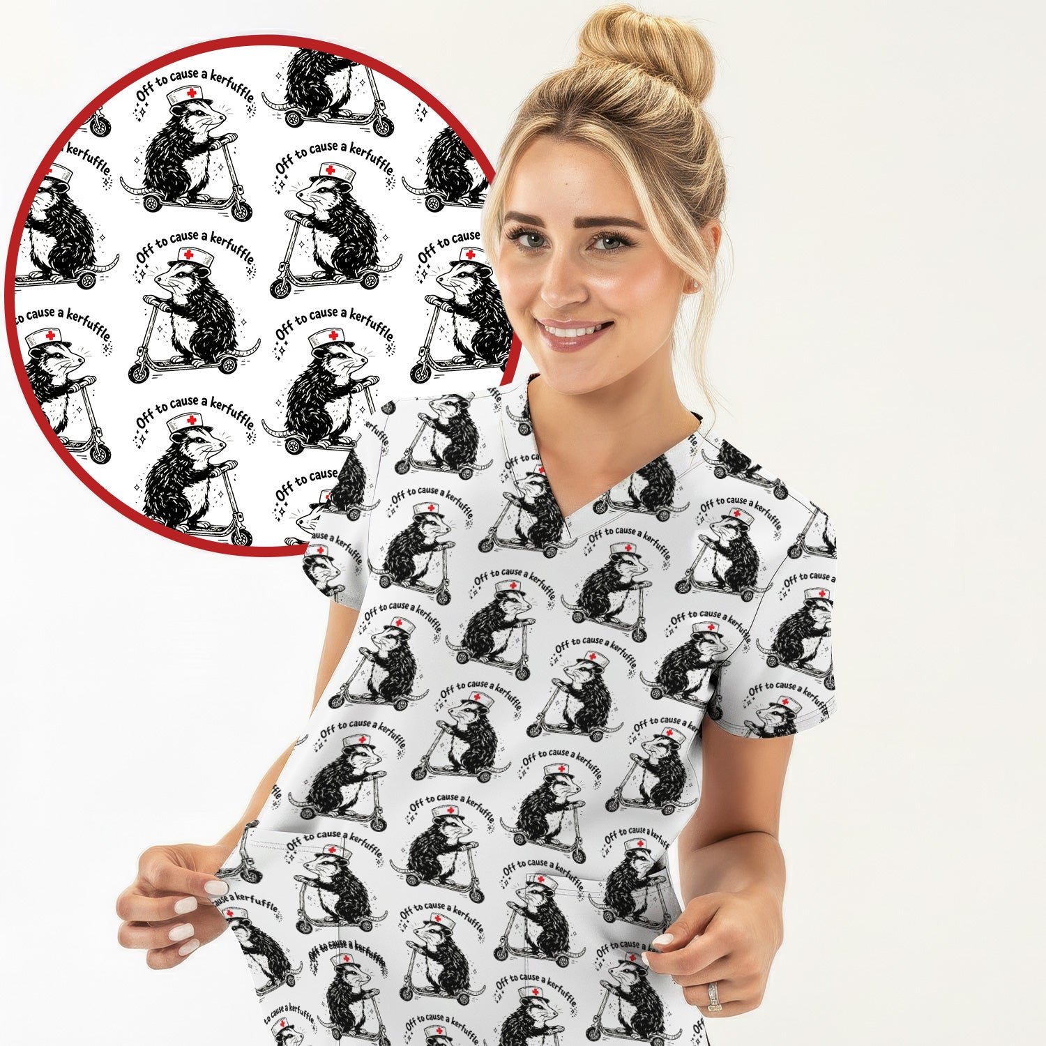 Funny Opossum Nurse Riding Scooter Pattern Scrubs Top, Breathable Fabrics Nursing Uniform