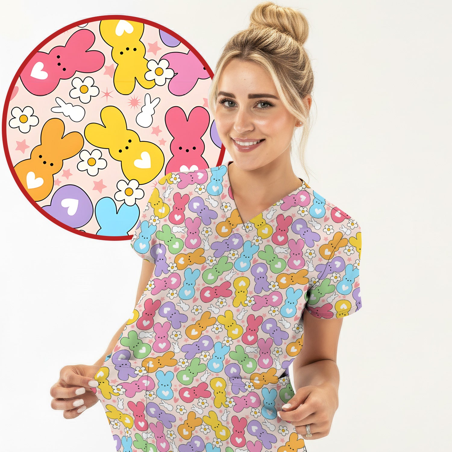 Sweet Pastel Bunny Daisy Pattern Scrub Top, Comfortable Scrubs for Nurses, Easter