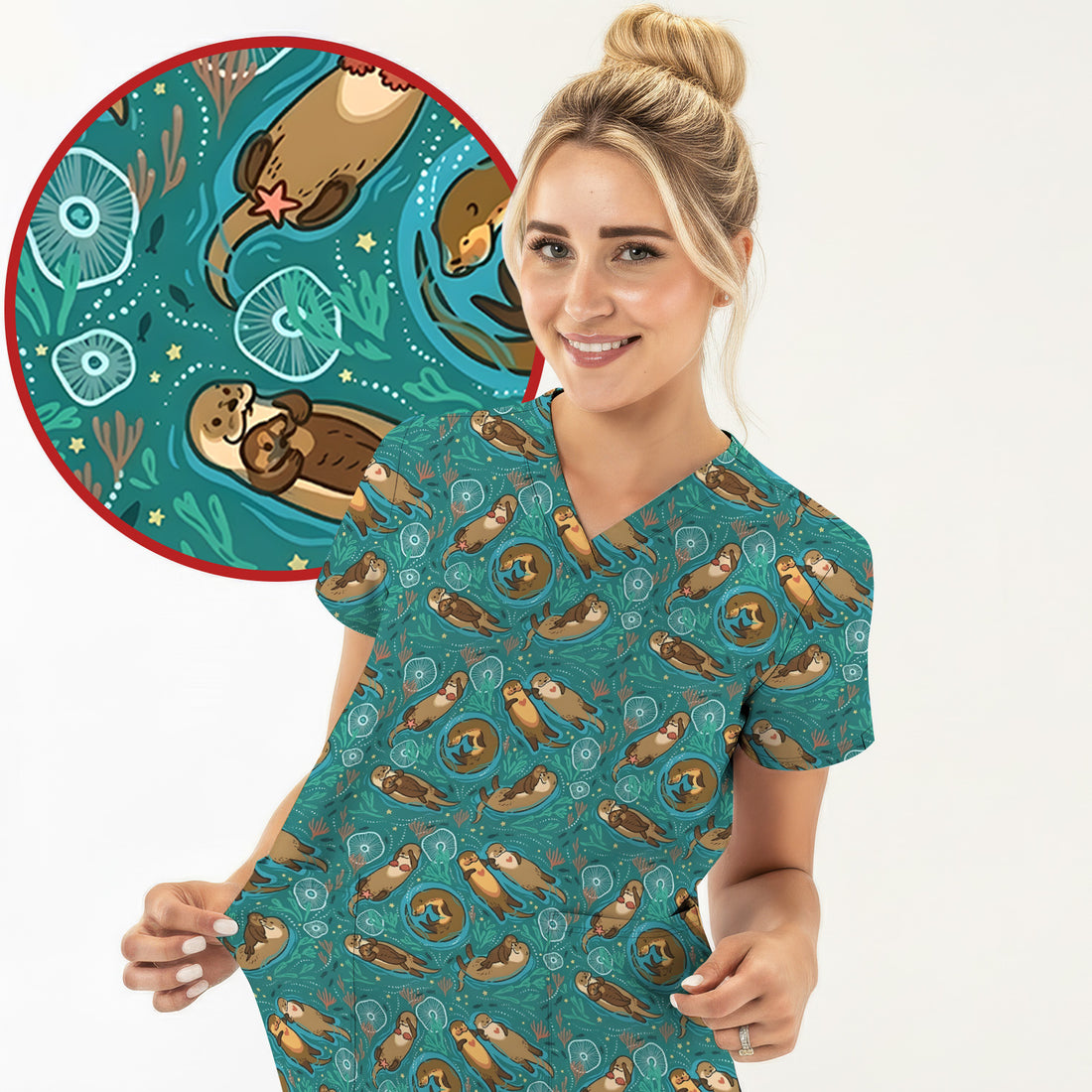 Sea Otter Floating Ocean Pattern Scrub Top, Comfortable Scrubs for Nurses