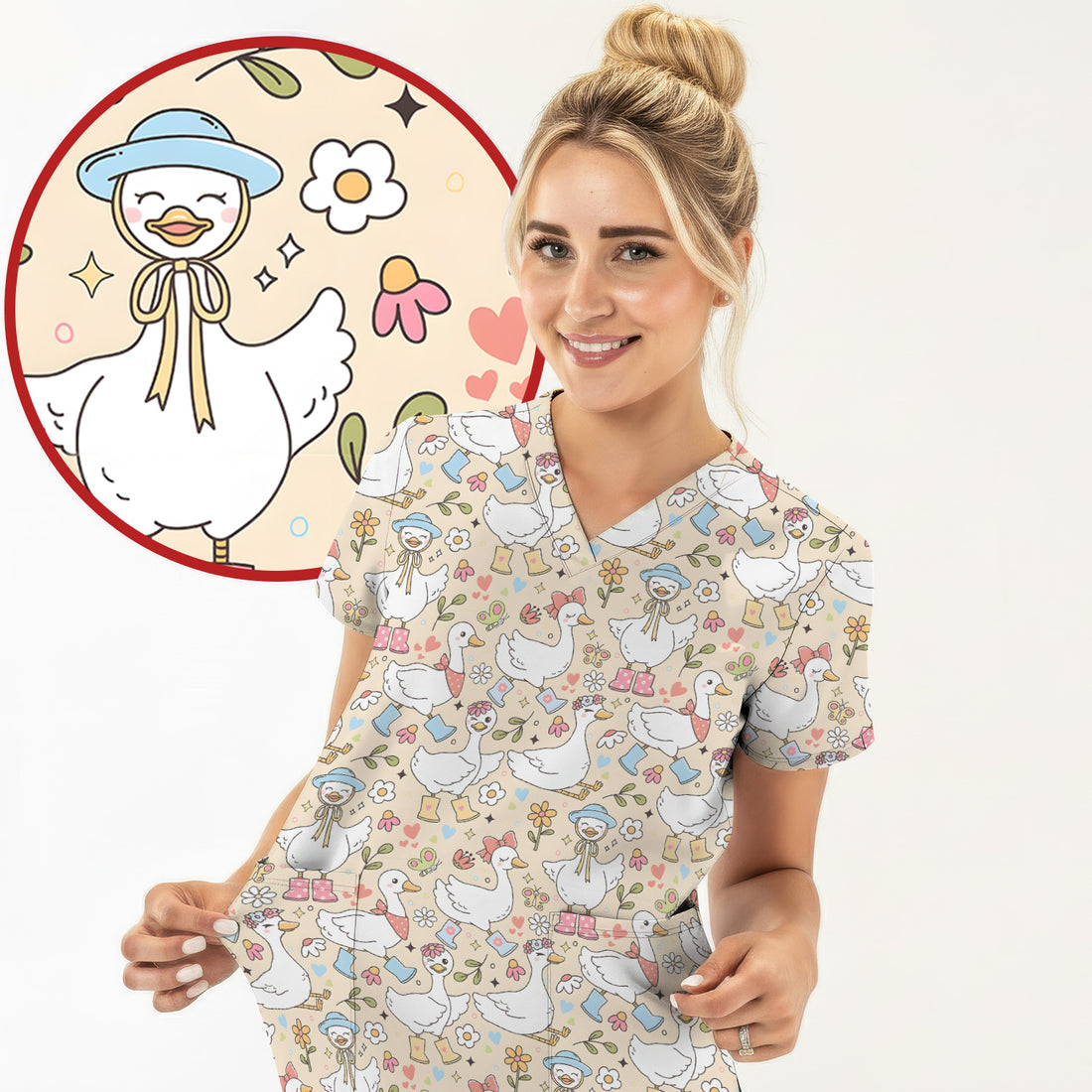 Lovely Goose Cottagecore Floral Scrub Top, Spring Garden Nurse Scrubs for Women