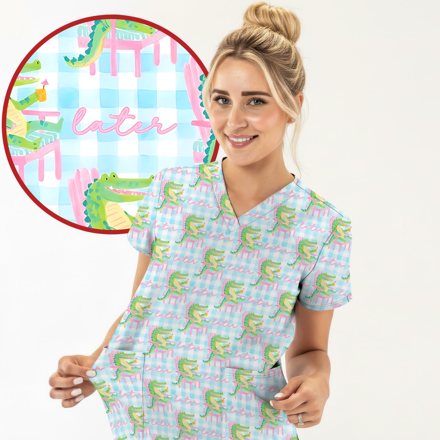 Funny Lazy Crocodile Later Pattern Scrub Top, Comfortable Scrubs for Nurses