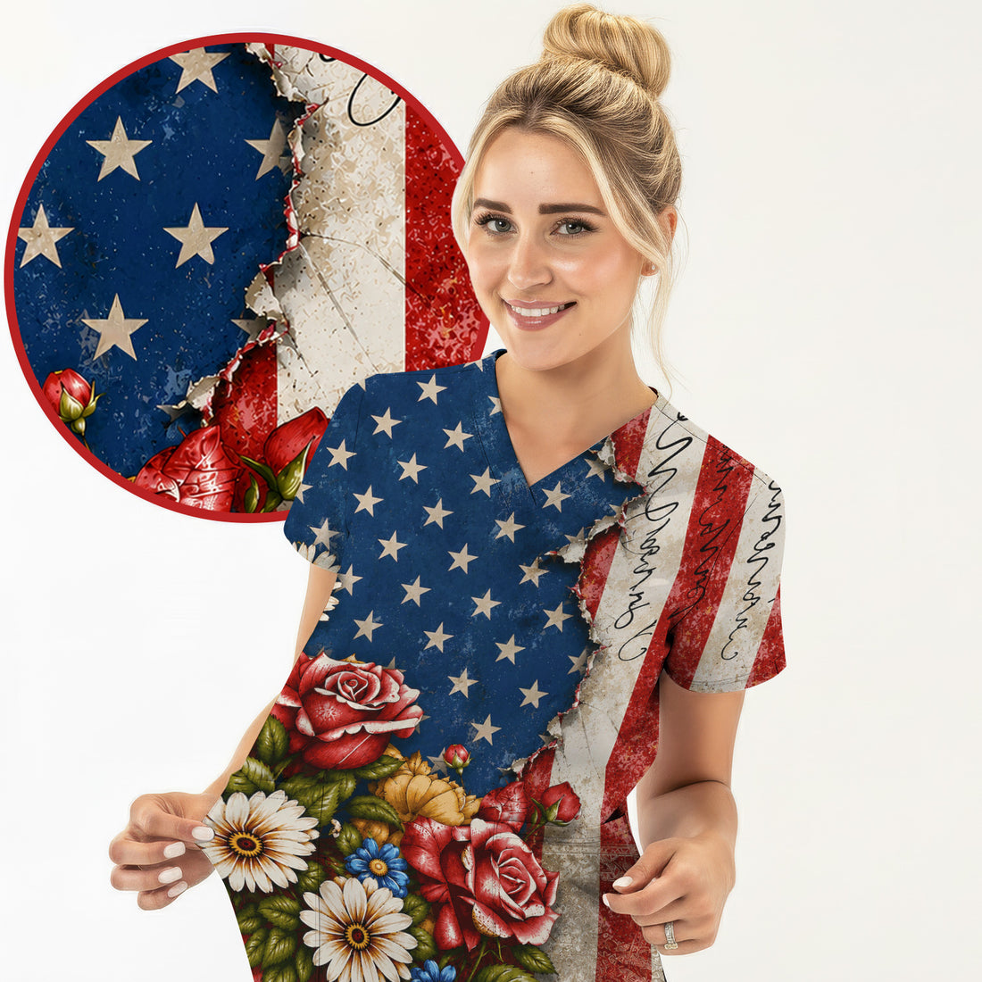 American Flag Vintage Rose Floral Pattern Scrub Top, Comfortable Scrubs for Nurses