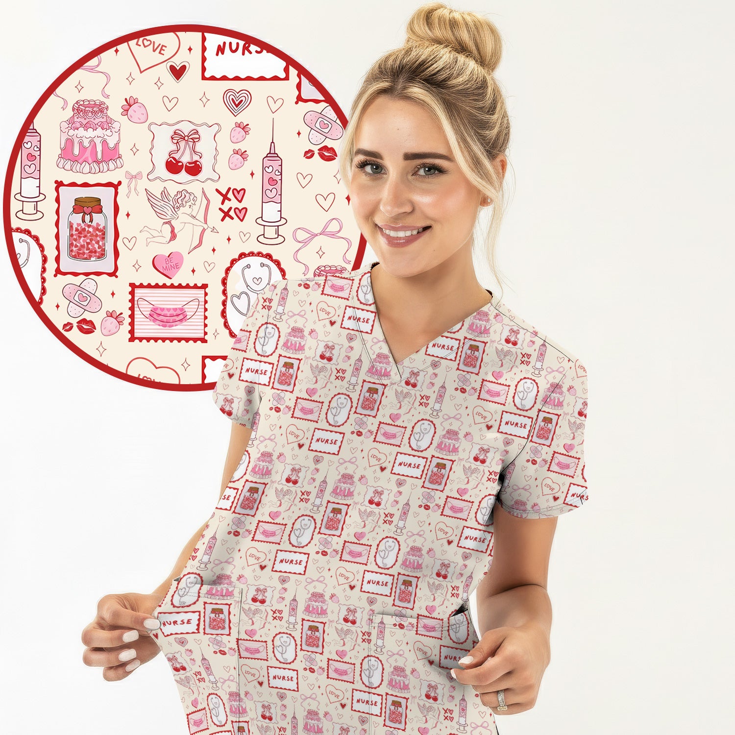 Nurse Icons Hearts Syringes Valentine Scrub Top, Breathable Nursing Uniform