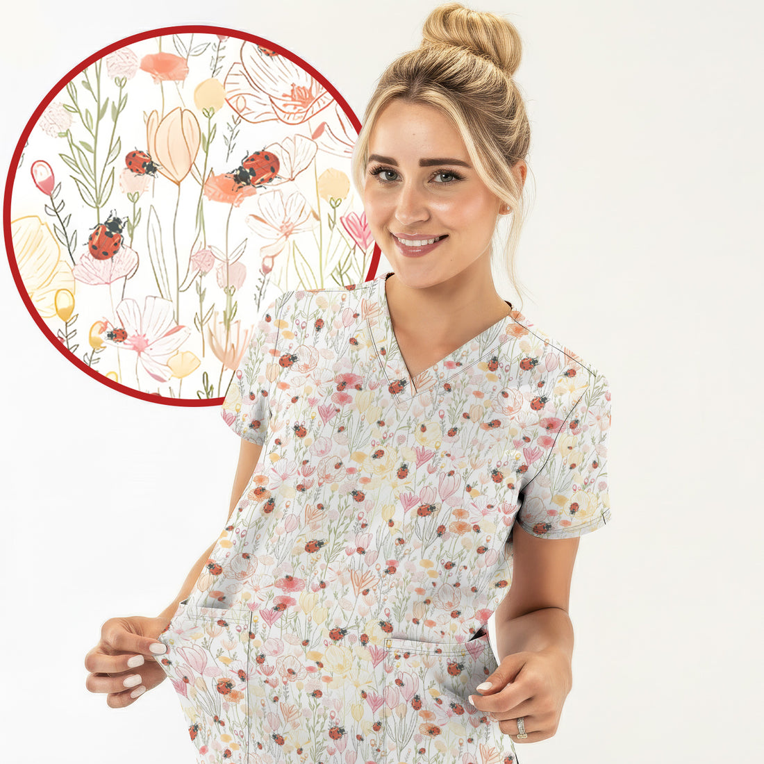 Cute Nurse Wildflower Ladybug Garden Pattern Scrub Top, Comfortable Scrubs for Nurses