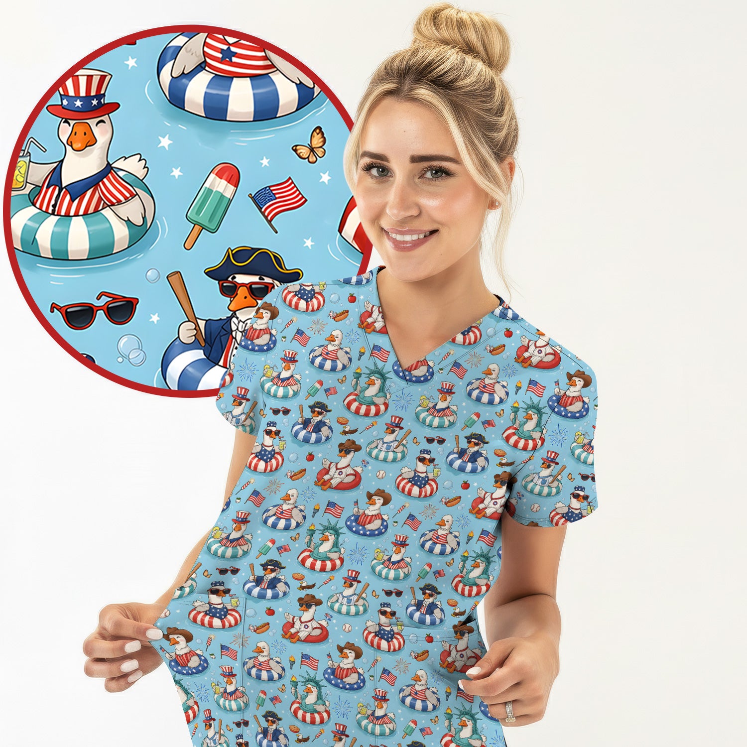 Funny Patriotic Duck Pool Party Pattern Scrub Top, Comfortable Scrubs for Nurses