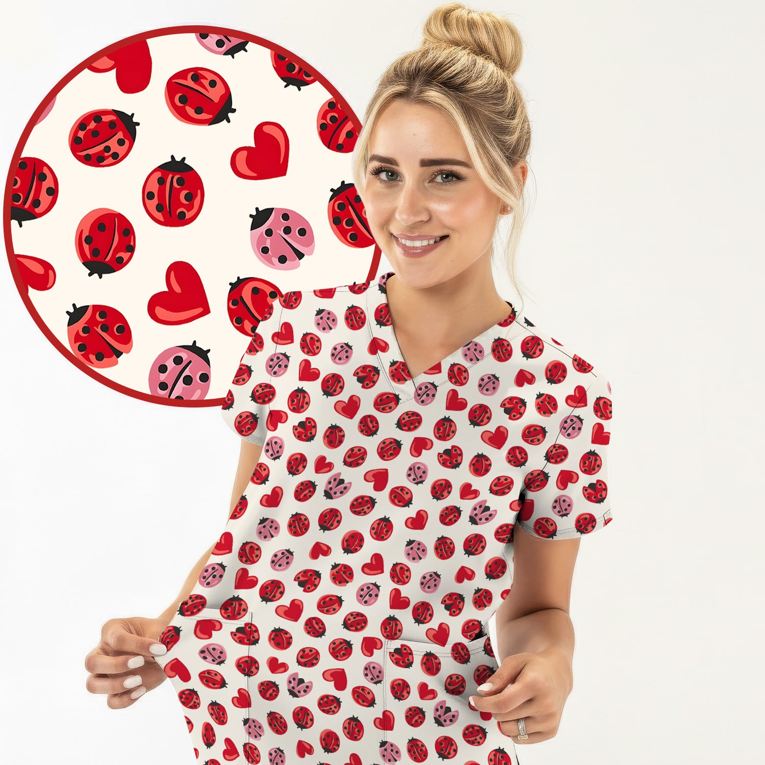 Cute Ladybug and Red Heart All Over Print Scrub Top, Comfortable Scrubs for Nurses