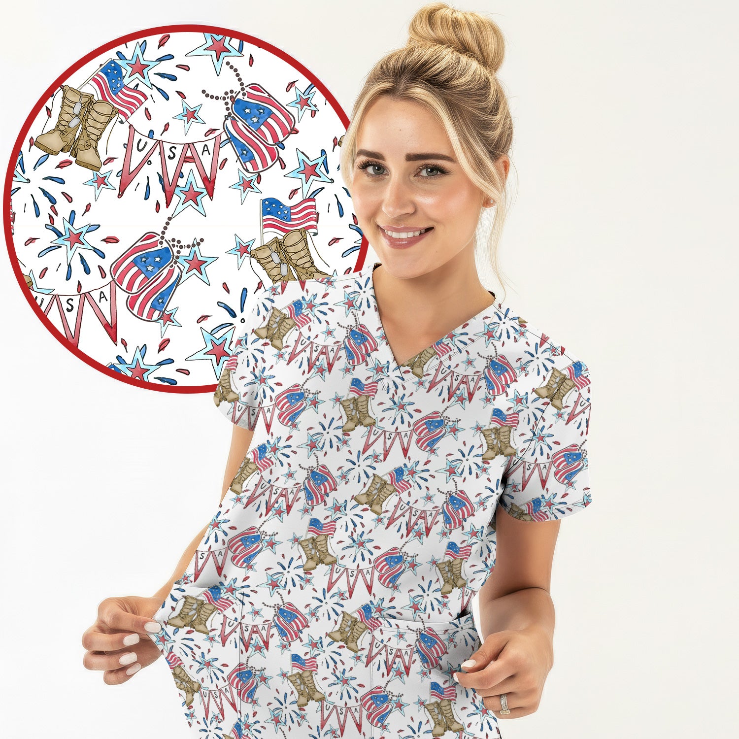 USA Boots Banner Pattern Scrub Top, Comfortable Scrubs for Nurses