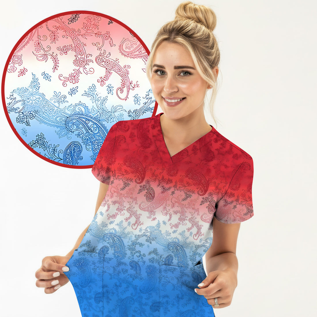 Red Blue Paisley Ombre Pattern Scrub Top, Comfortable Scrubs for Nurses