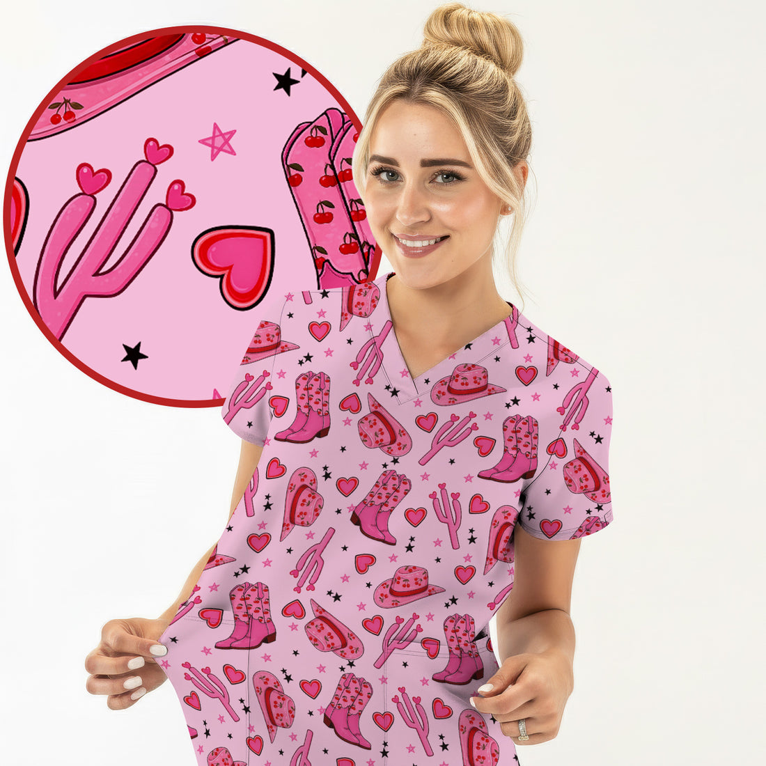 Pink Cowgirl Western Boots Hat Pattern Scrub Top, Breathable Medical Uniform Top