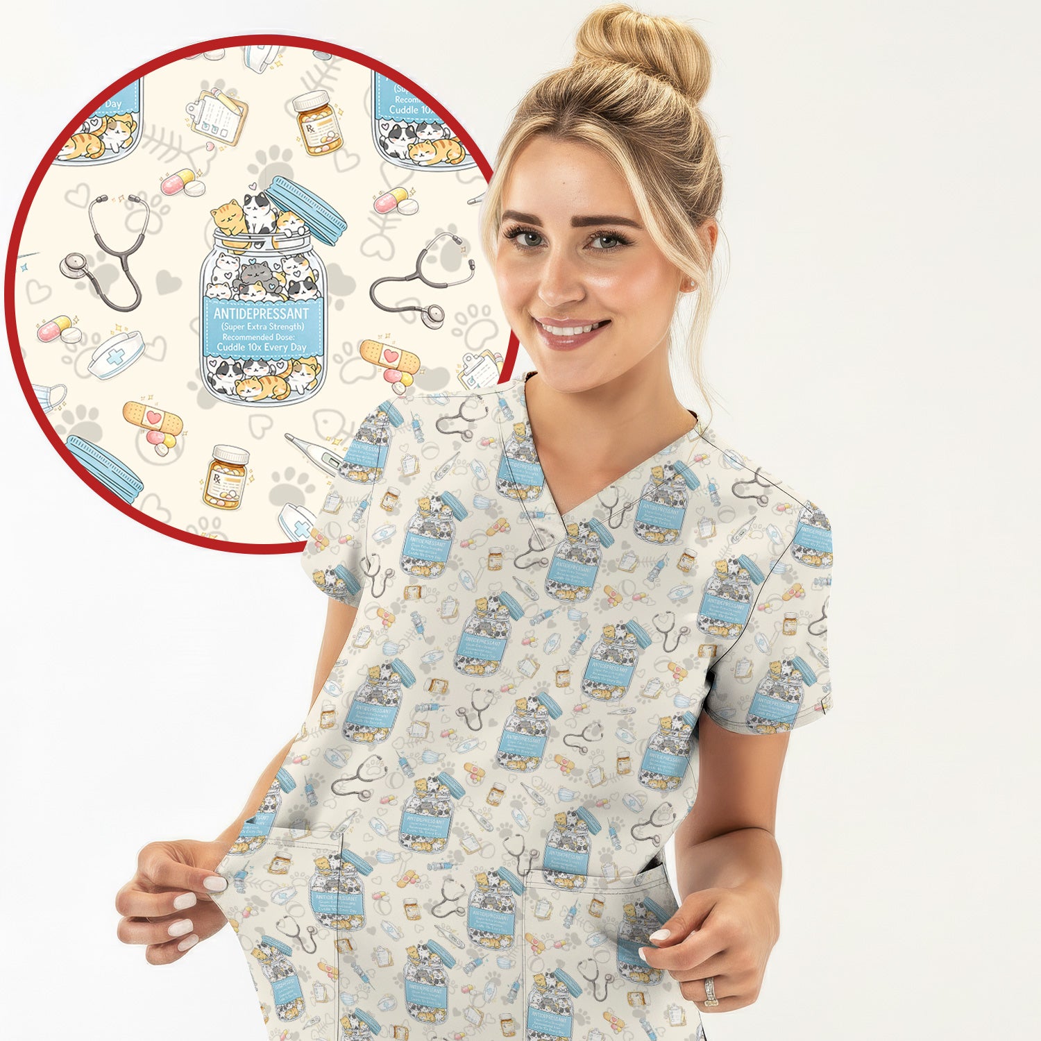 Cute Antidepressant Cat Jar Print Nurse Scrub Top, Breathable Fabrics Nursing Uniform