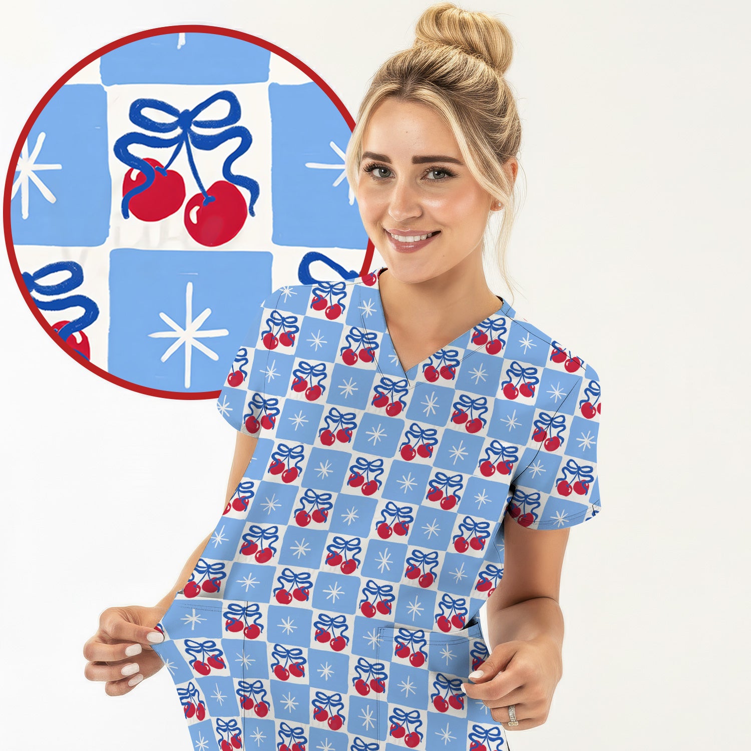 Cute Cherry Bow With Blue Gingham Check Pattern Scrub Top, Comfortable Scrubs for Nurses