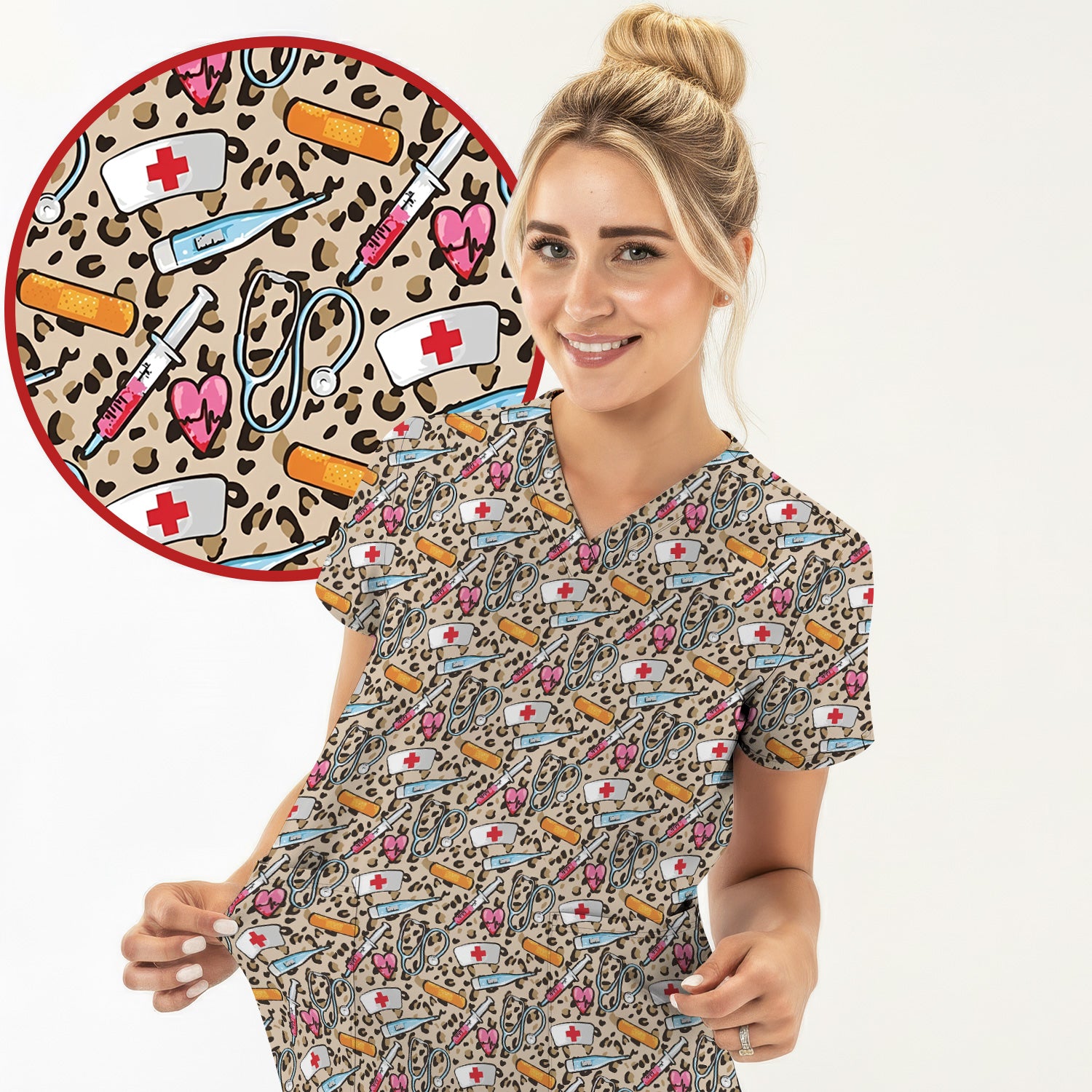 Leopard Medical Tools Pink Heart Print Scrub Top, Comfortable Scrubs for Nurses