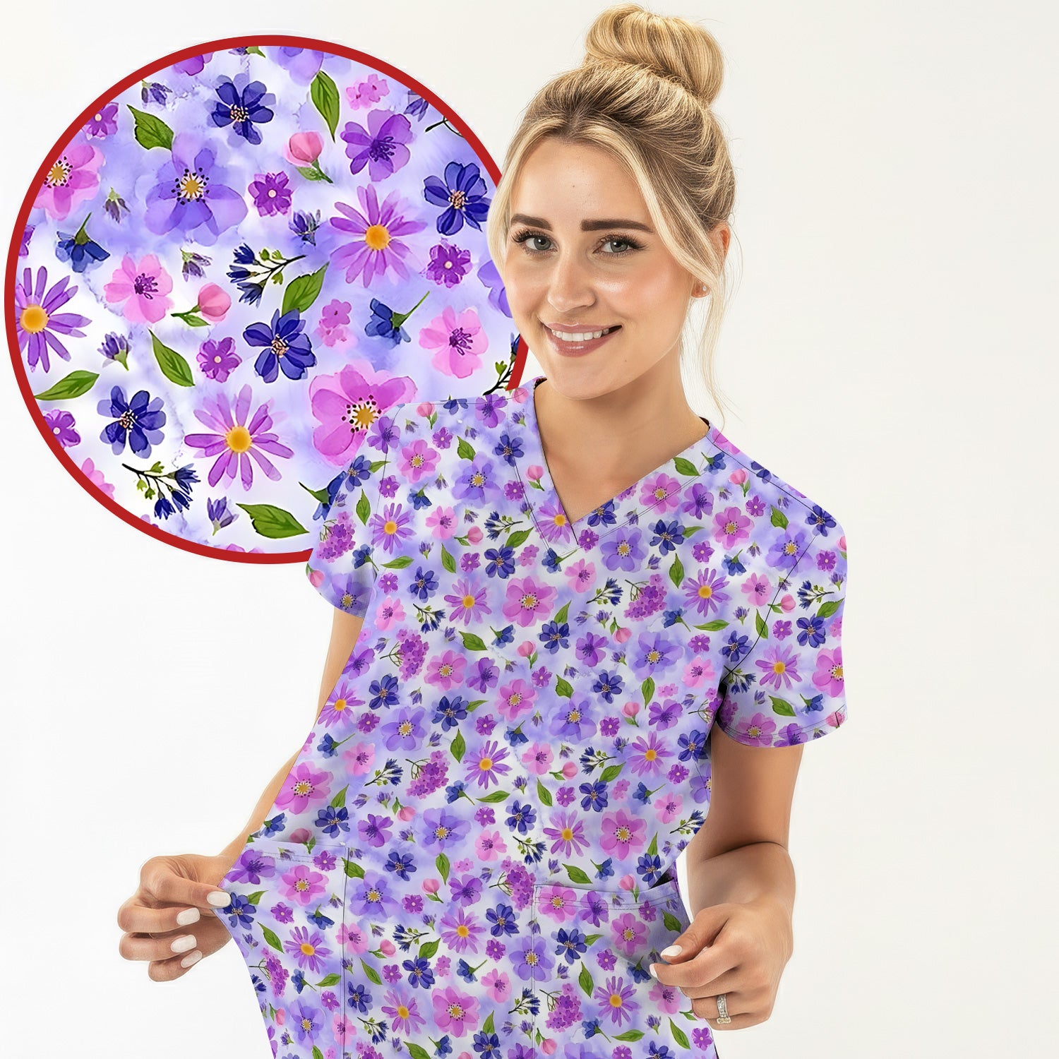 Purple Watercolor Wildflower Bloom Pattern Scrub Top, Comfortable Scrubs for Nurses