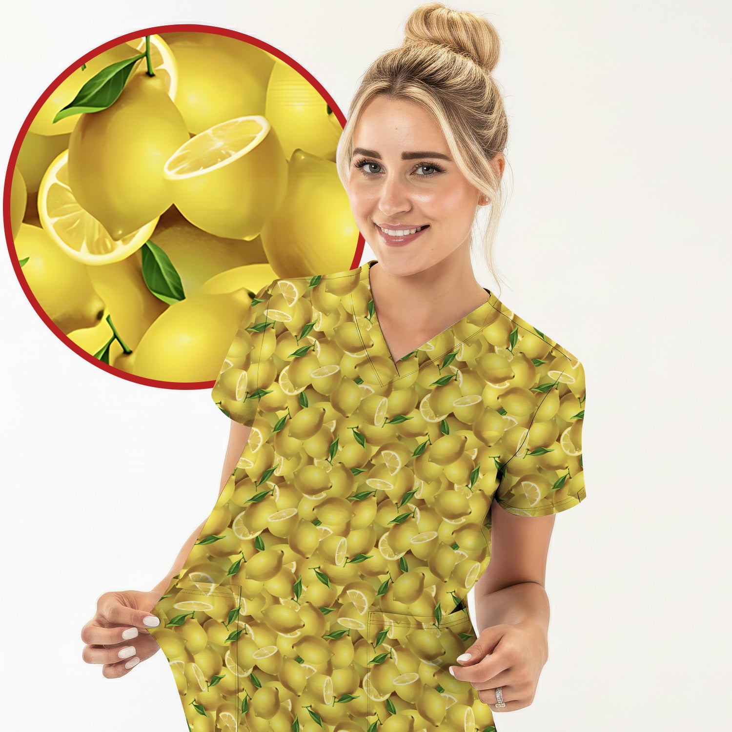 Fresh Lemon Fruit Pattern Scrubs Top, Comfortable Scrubs for Nurses