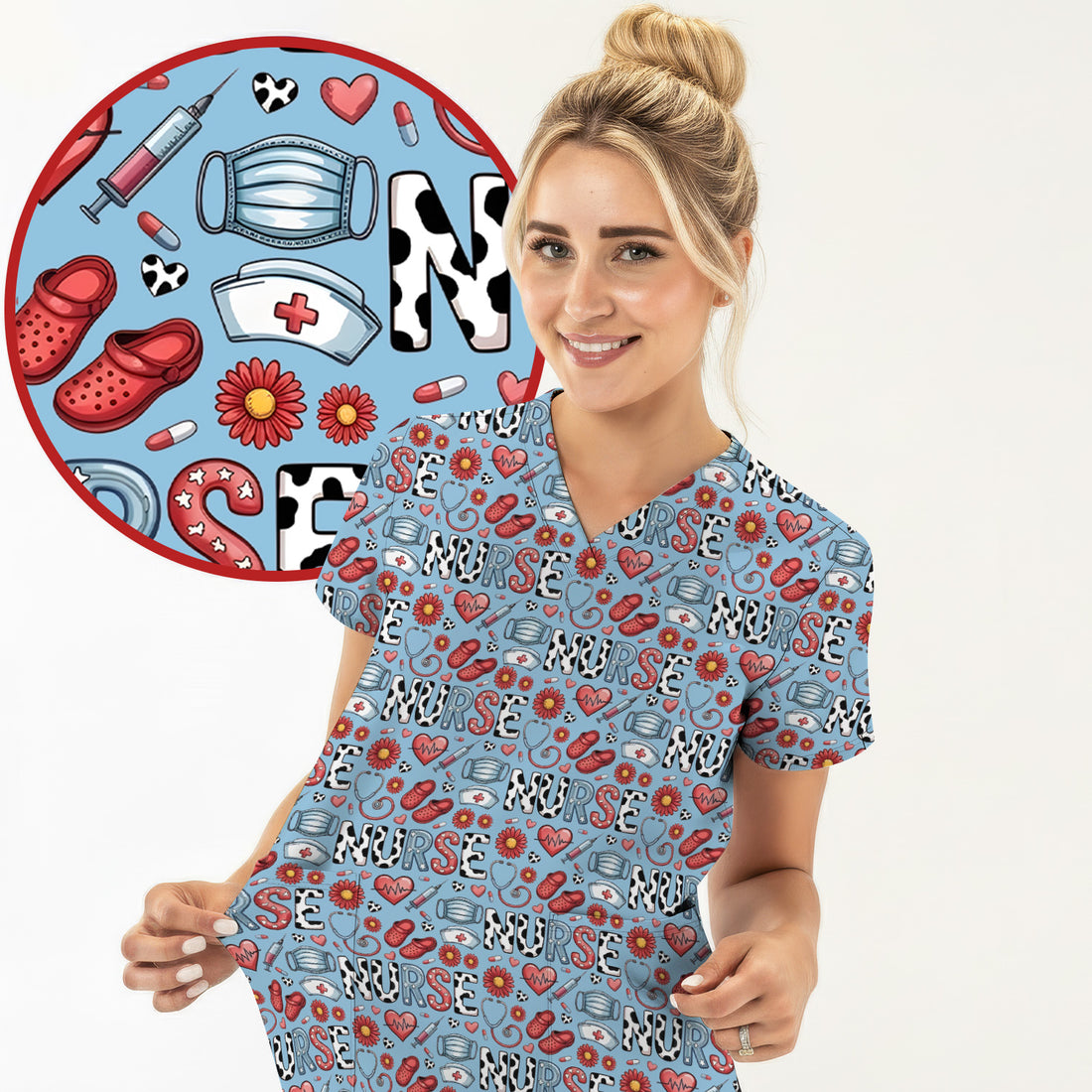 Cute Nurse Medical Icon Pattern Scrub Top, Comfortable Scrubs for Nurses