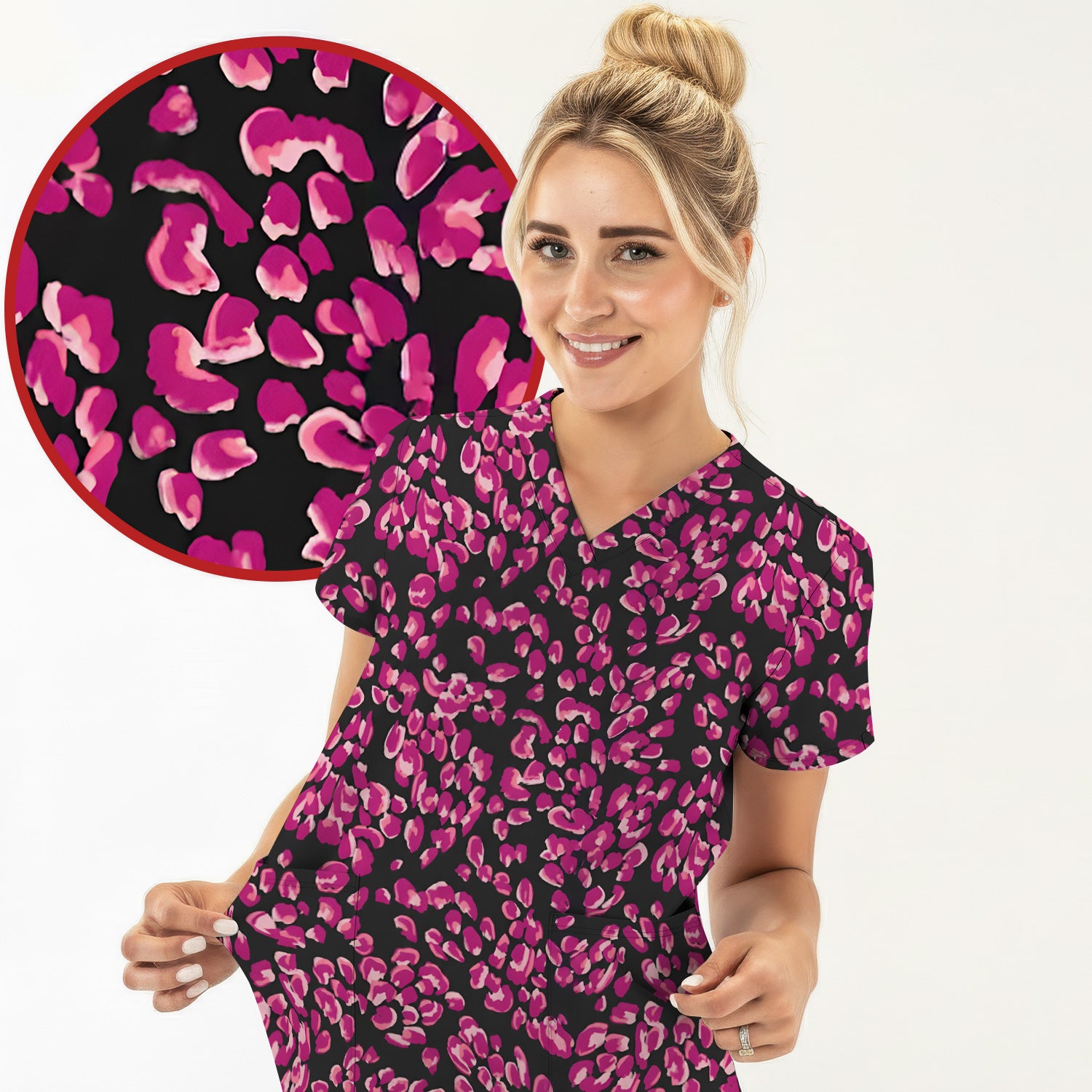 Falling Pink Rose Petals All Over Print Scrub Top, Comfortable Scrubs for Nurses
