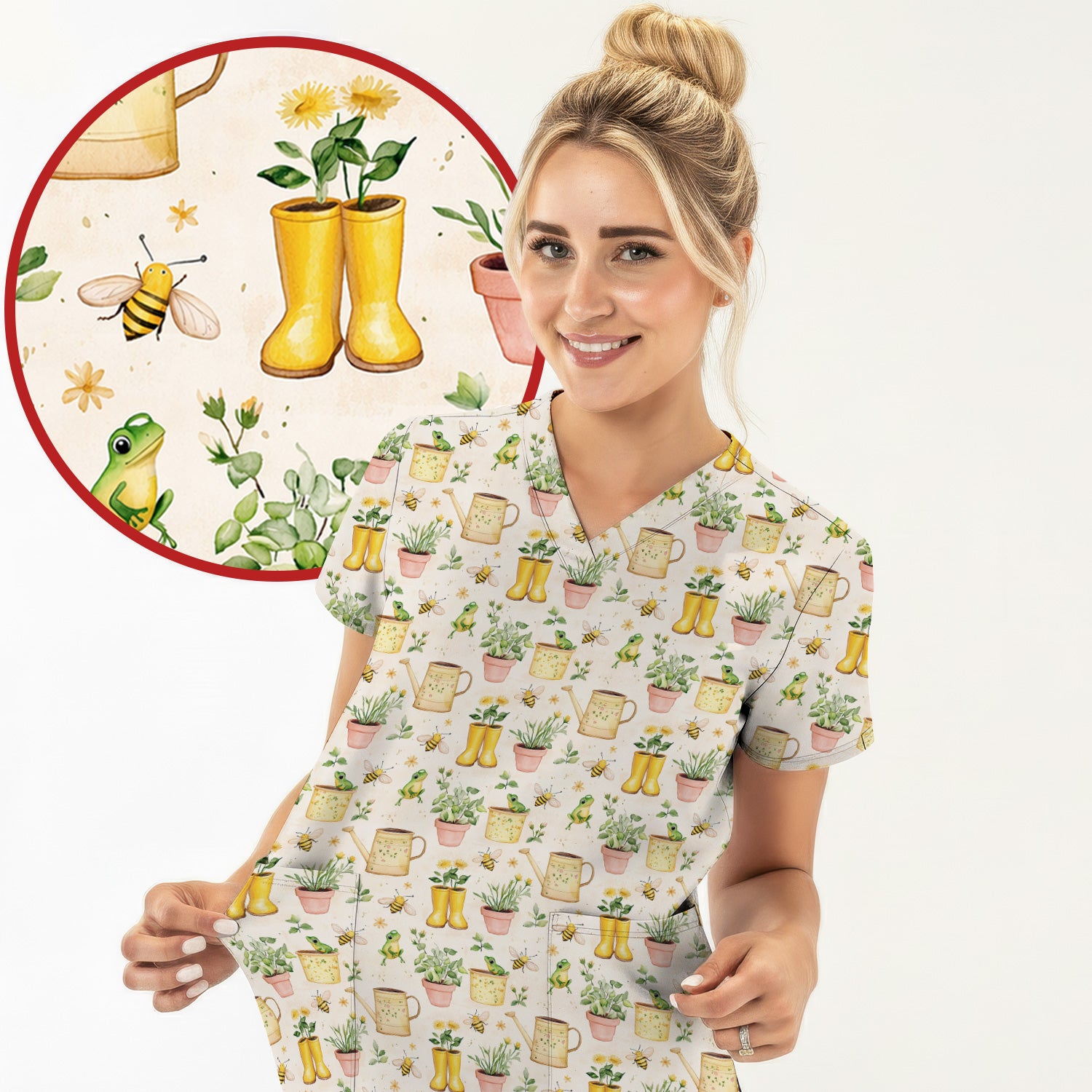 Cute Nurse Frog And Bee Garden Pattern Scrub Top, Breathable Fabrics Nursing Uniform