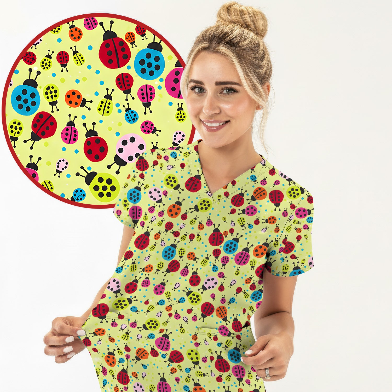 Colorful Ladybug Garden Pattern Scrub Top, Comfortable Scrubs for Nurses
