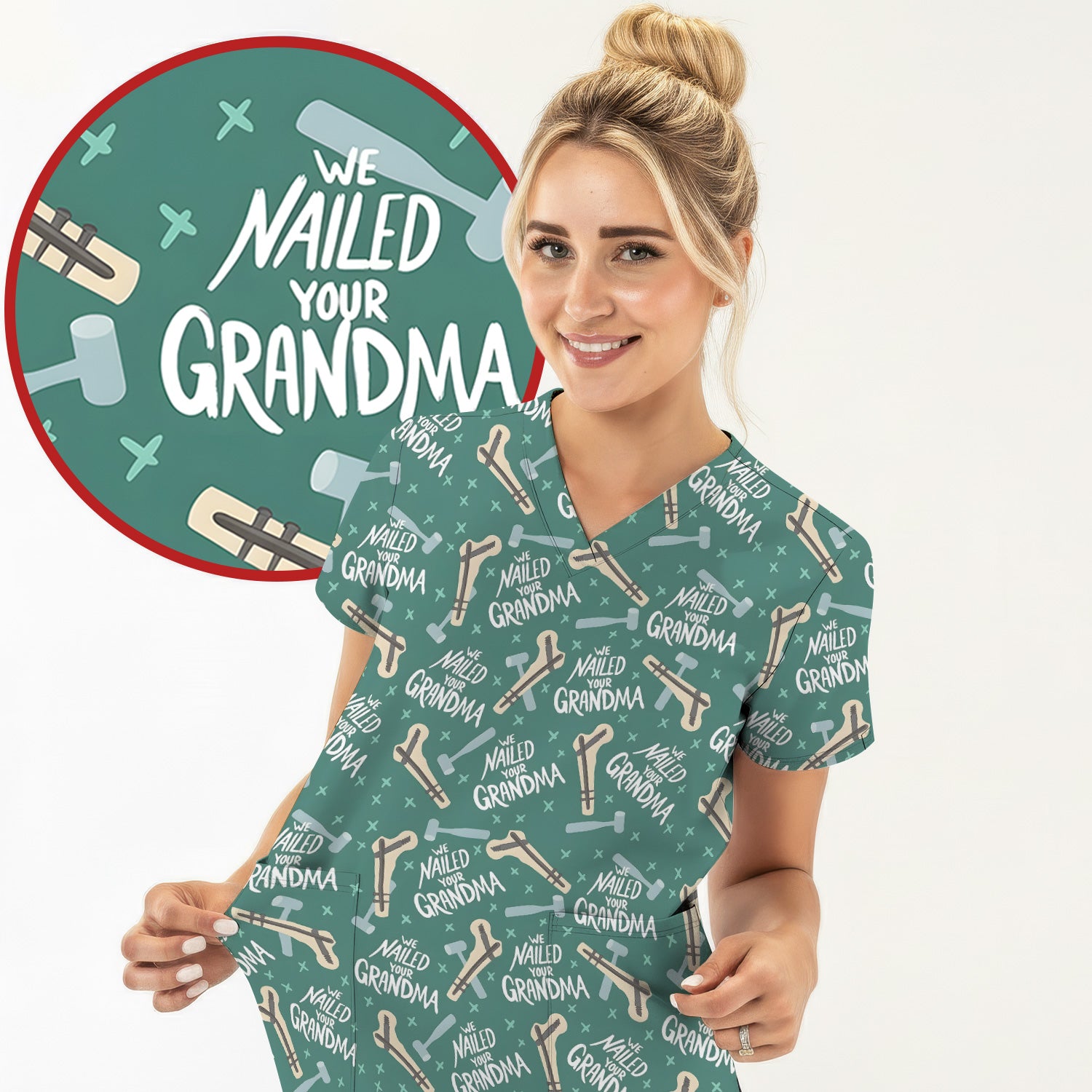 Funny Orthopedic Bone Hammer We Nailed Your Grandma Pattern Scrub Top, Comfortable Scrubs for Nurses