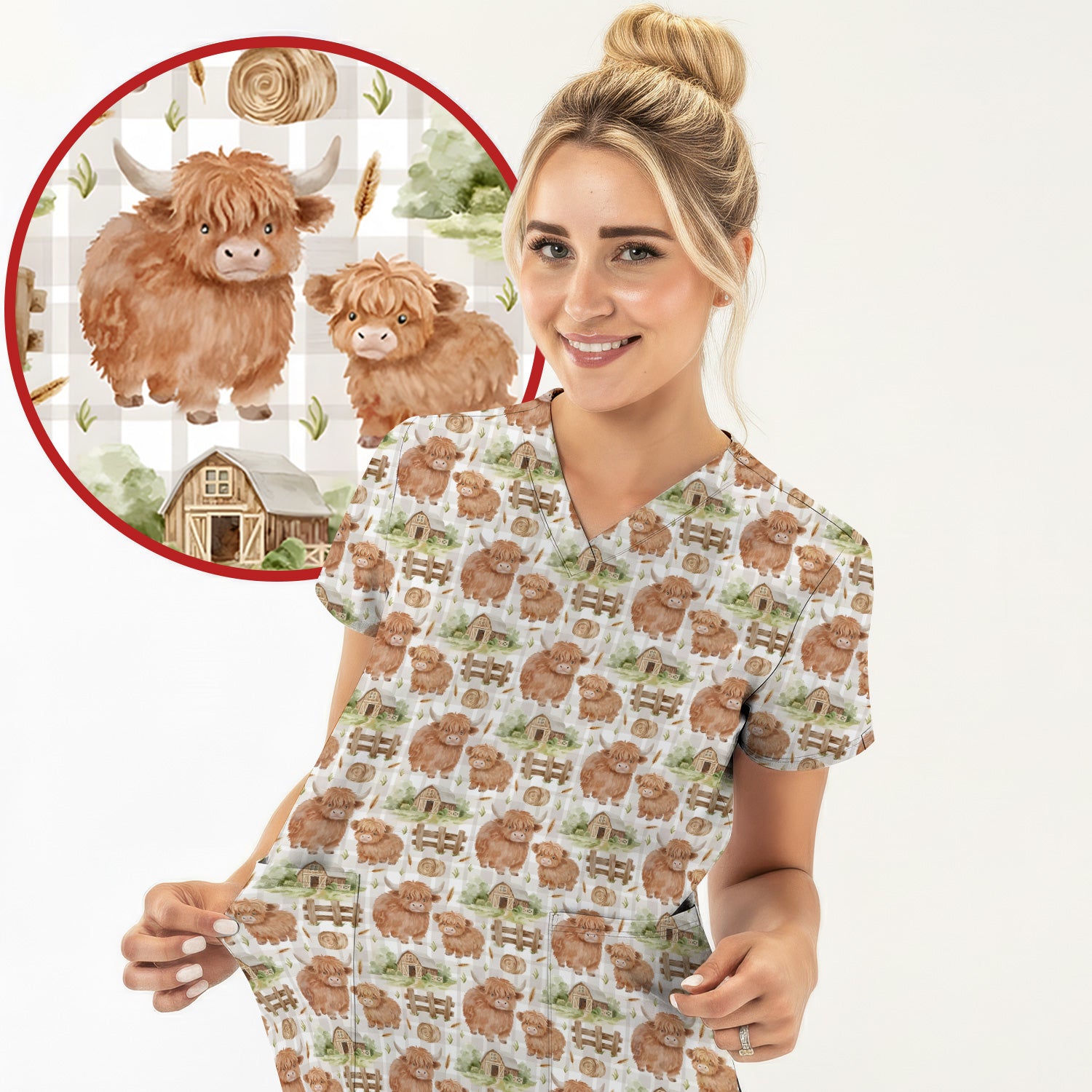 Cute Highland Cow With Farm Barn Fence Scrub Top, Comfortable Scrubs for Nurses