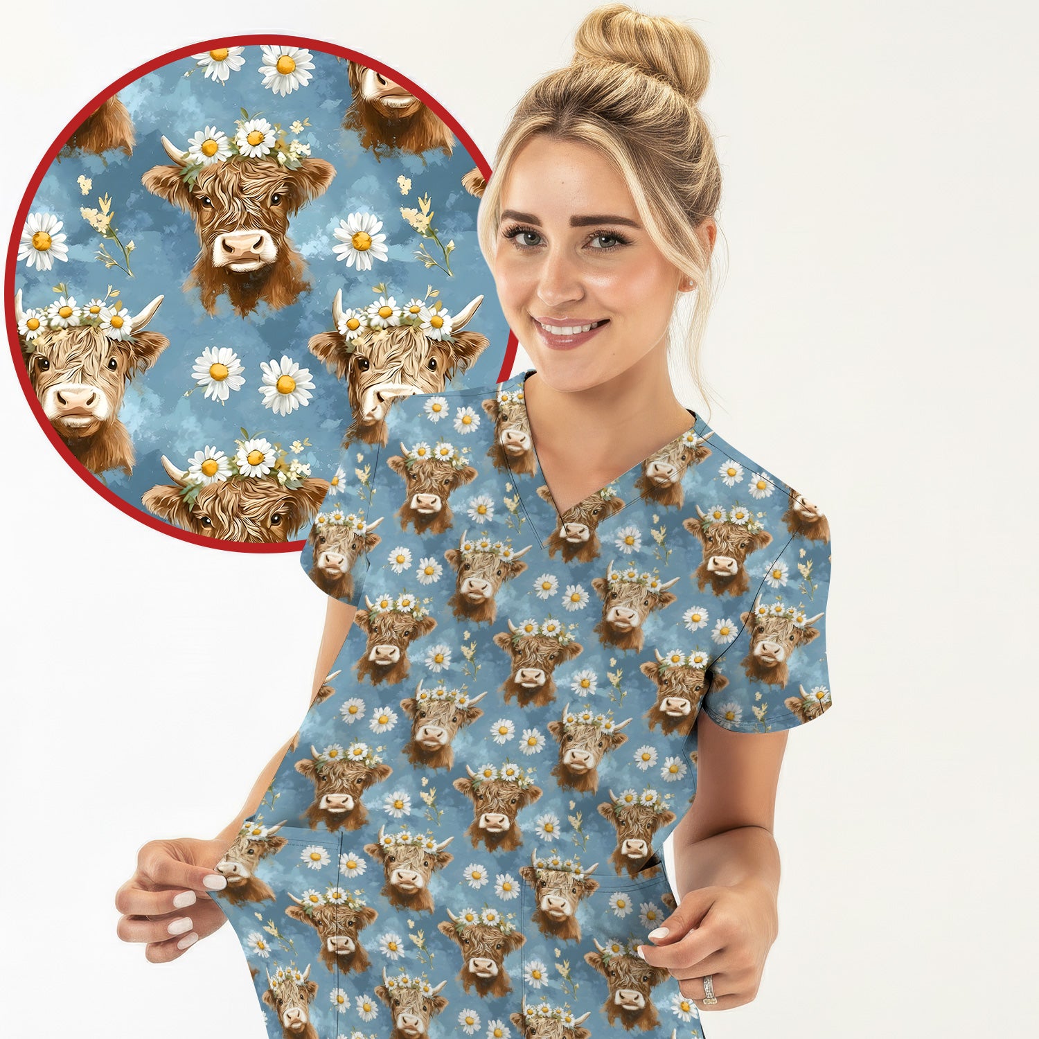 Highland Cow Daisy Flower Pattern Scrub Top, Comfortable Scrubs for Nurses