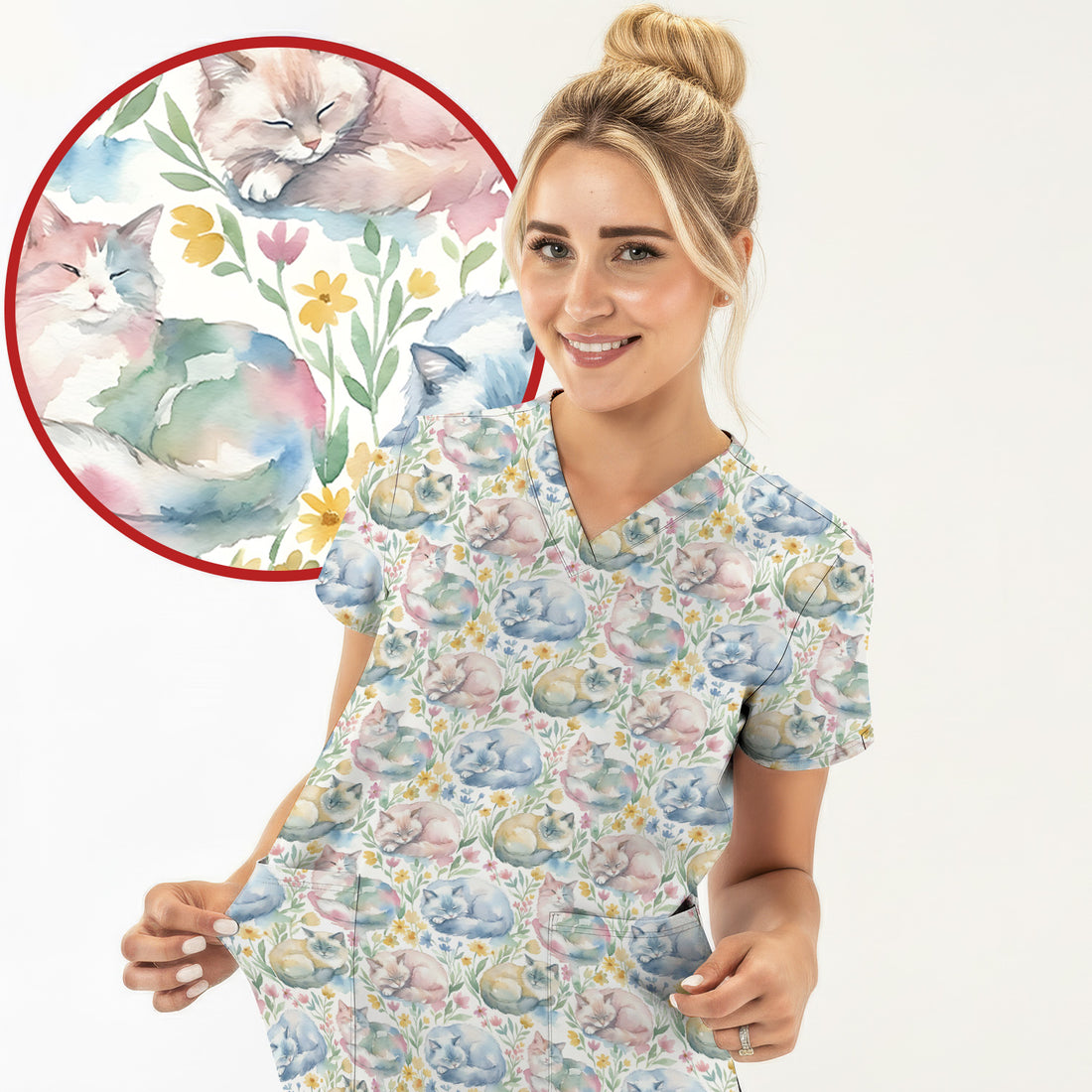 Dreamy Sleeping Cat Floral Pattern Scrub Top, Comfortable Scrubs for Nurses