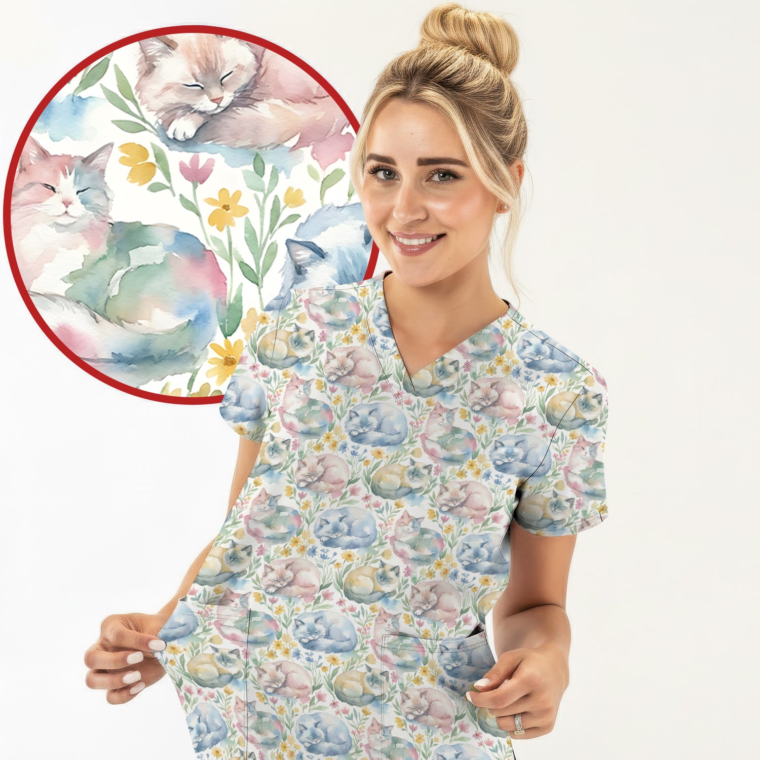 Dreamy Sleeping Cat Floral Pattern Scrub Top, Comfortable Scrubs for Nurses
