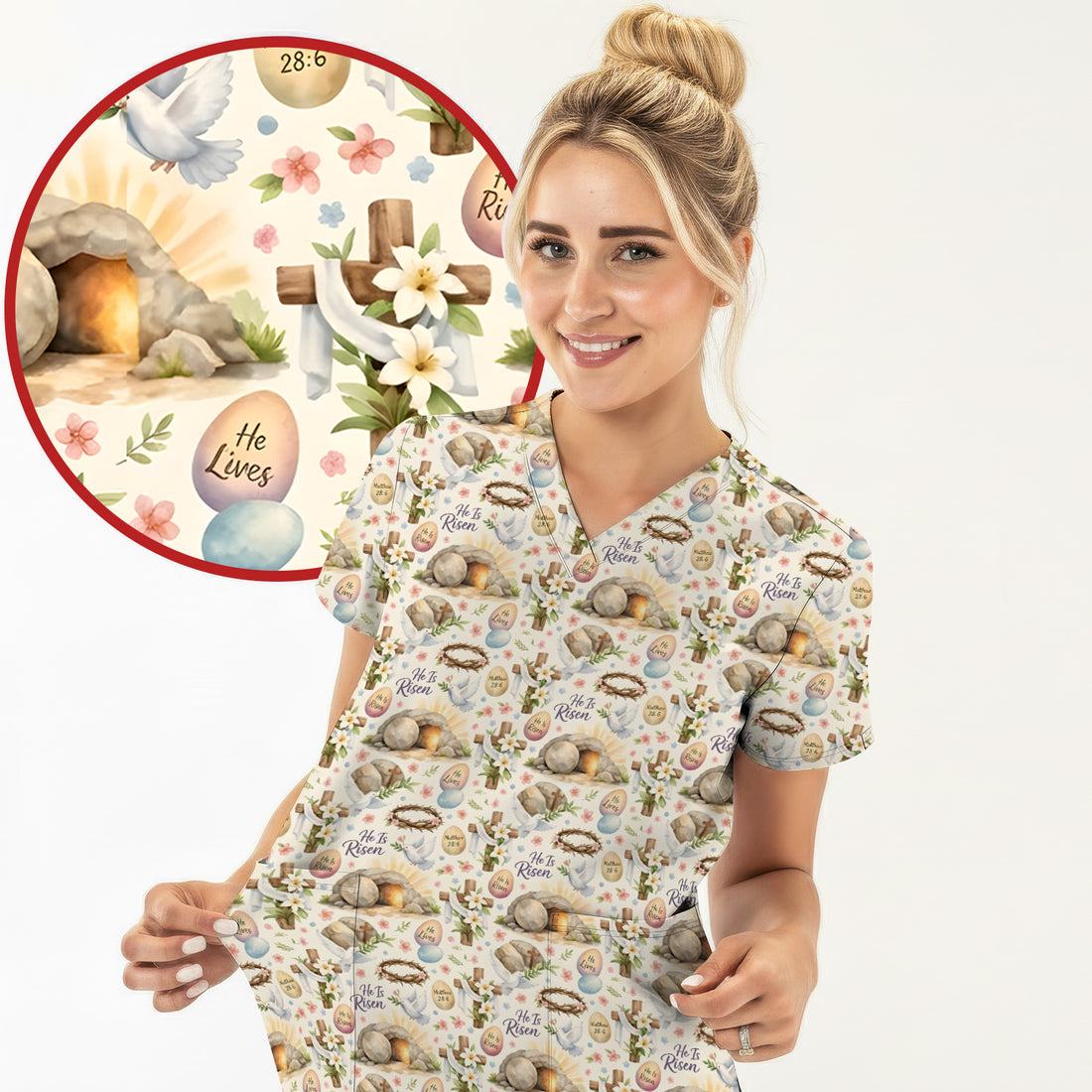 He Is Risen Cross Tomb Lily Pattern Scrub Top, Breathable Fabrics Nursing Uniform