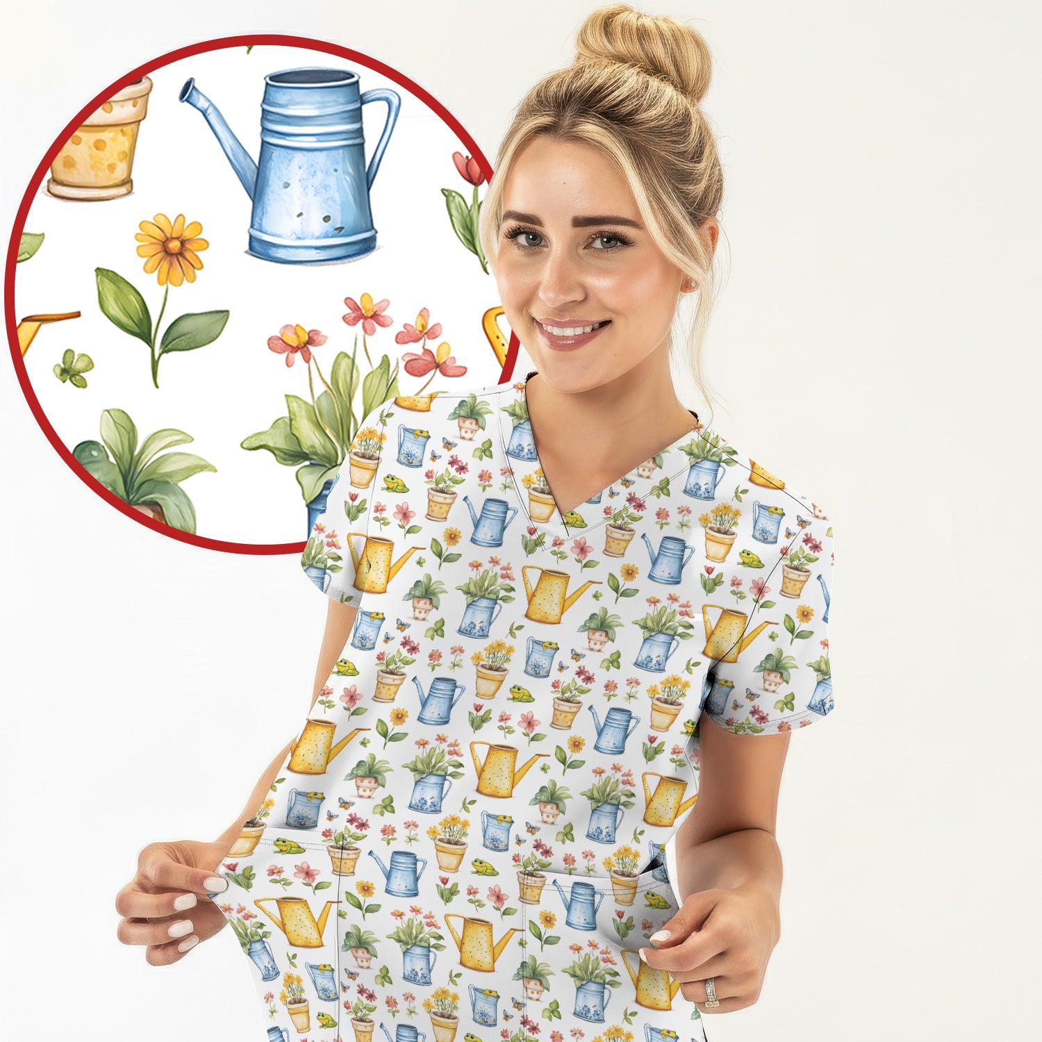 Watering Can and Flower Pot Garden Scrub Top, Comfortable Scrubs for Nurses
