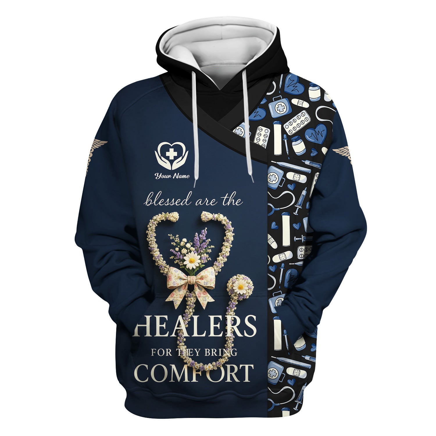 Personalized Blessed Healer Scrubs for Women RN CNA LPN - Floral Heart Stethoscope Design with Inspirational Quote - Custom Name Gift for Healthcare Workers & Nurses