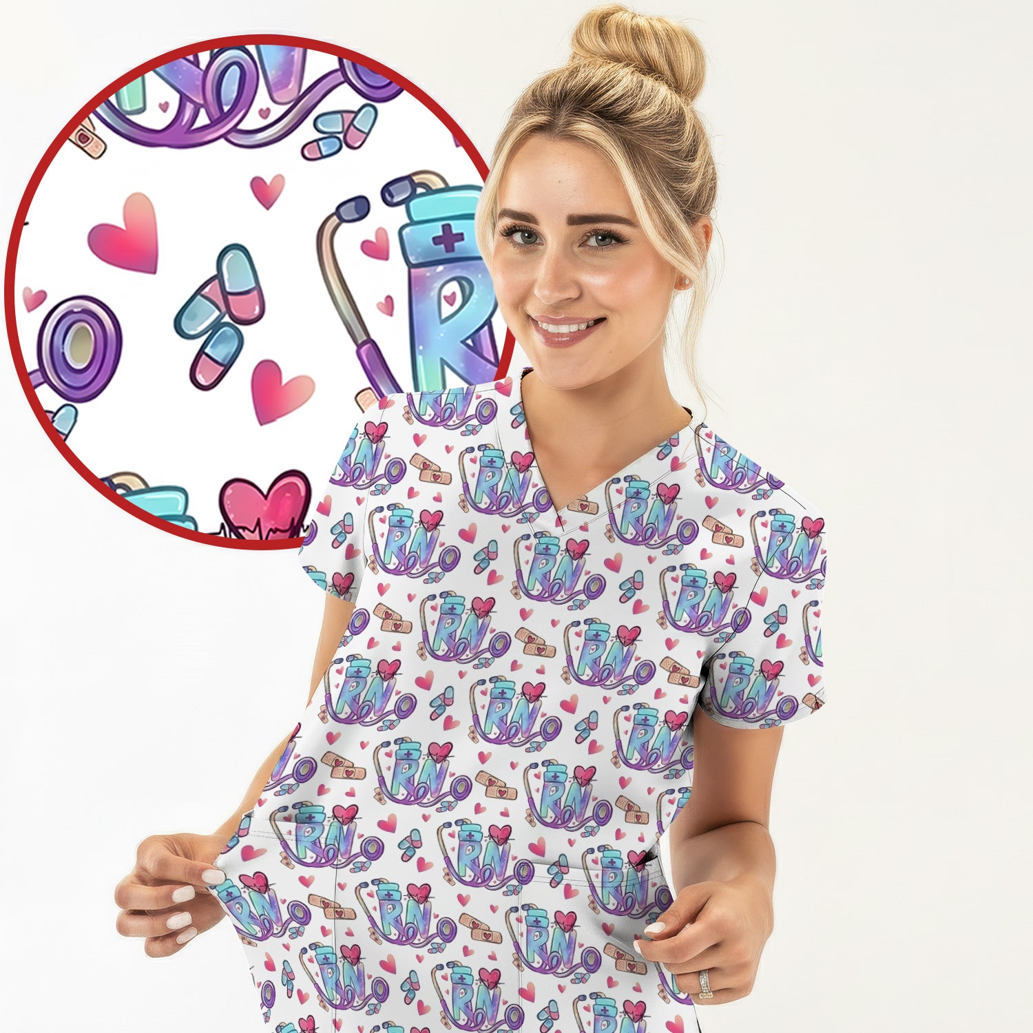 Nurse Life RN Heart Pattern Scrub Top, Breathable Fabrics Nursing Uniform