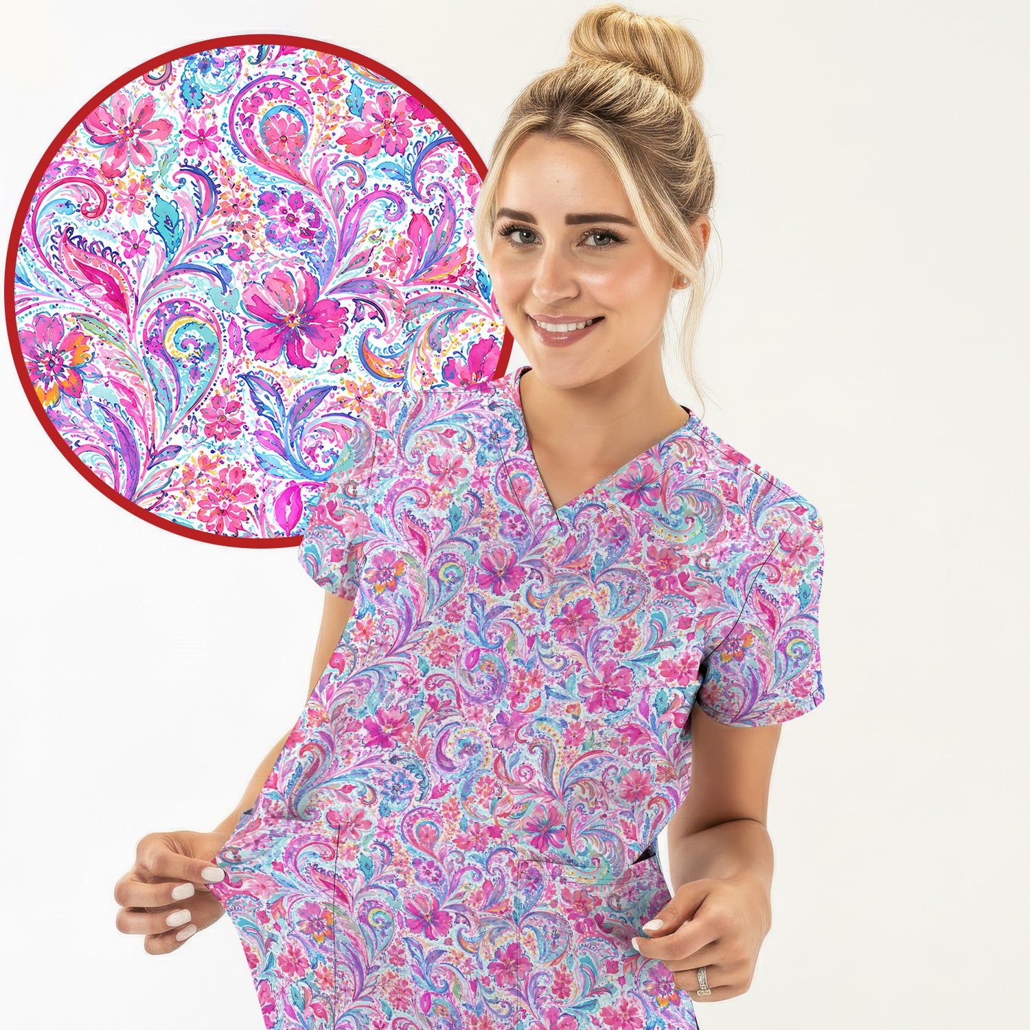 Elegant Pink Paisley Blossom Pattern Scrub Top, Comfortable Scrubs for Nurses