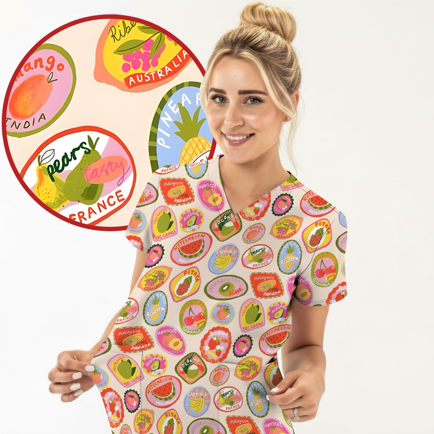 Summer Colorful Fruit Sticker Pattern Scrub Top, Comfortable Scrubs For Nurses