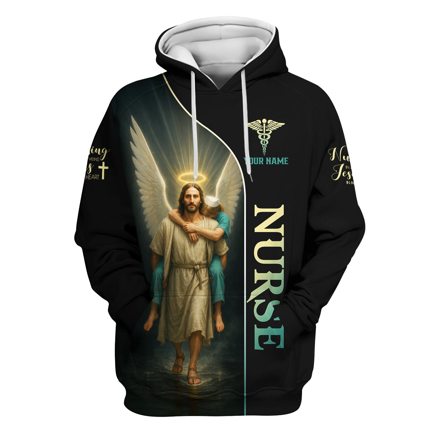 Christian Nurse T-Shirt - Personalized Jesus Angel Wings Graphic - Religious Gift for RN LPN Healthcare Workers