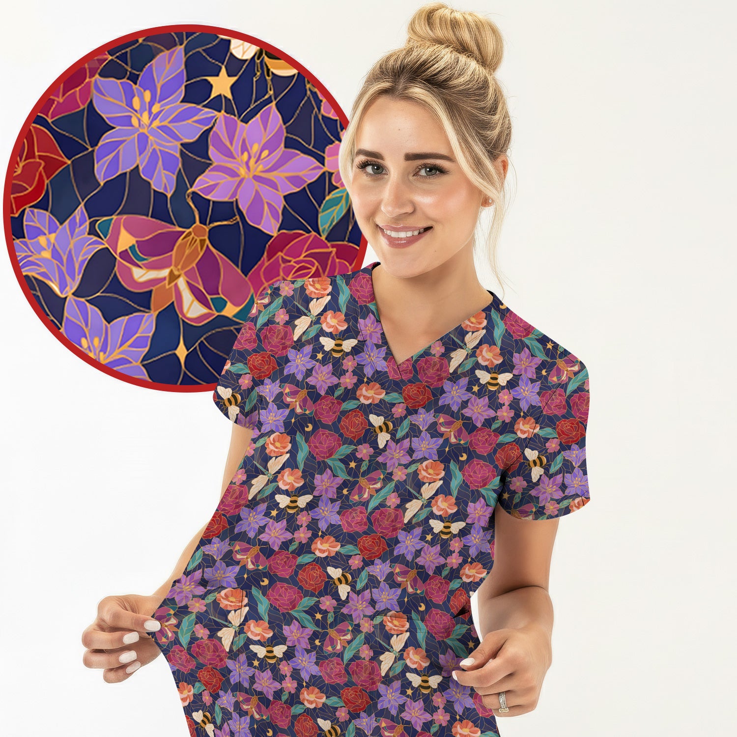 Charming Floral Garden With Bees And Dragonflies Scrub Top, Comfortable Scrubs for Nurses