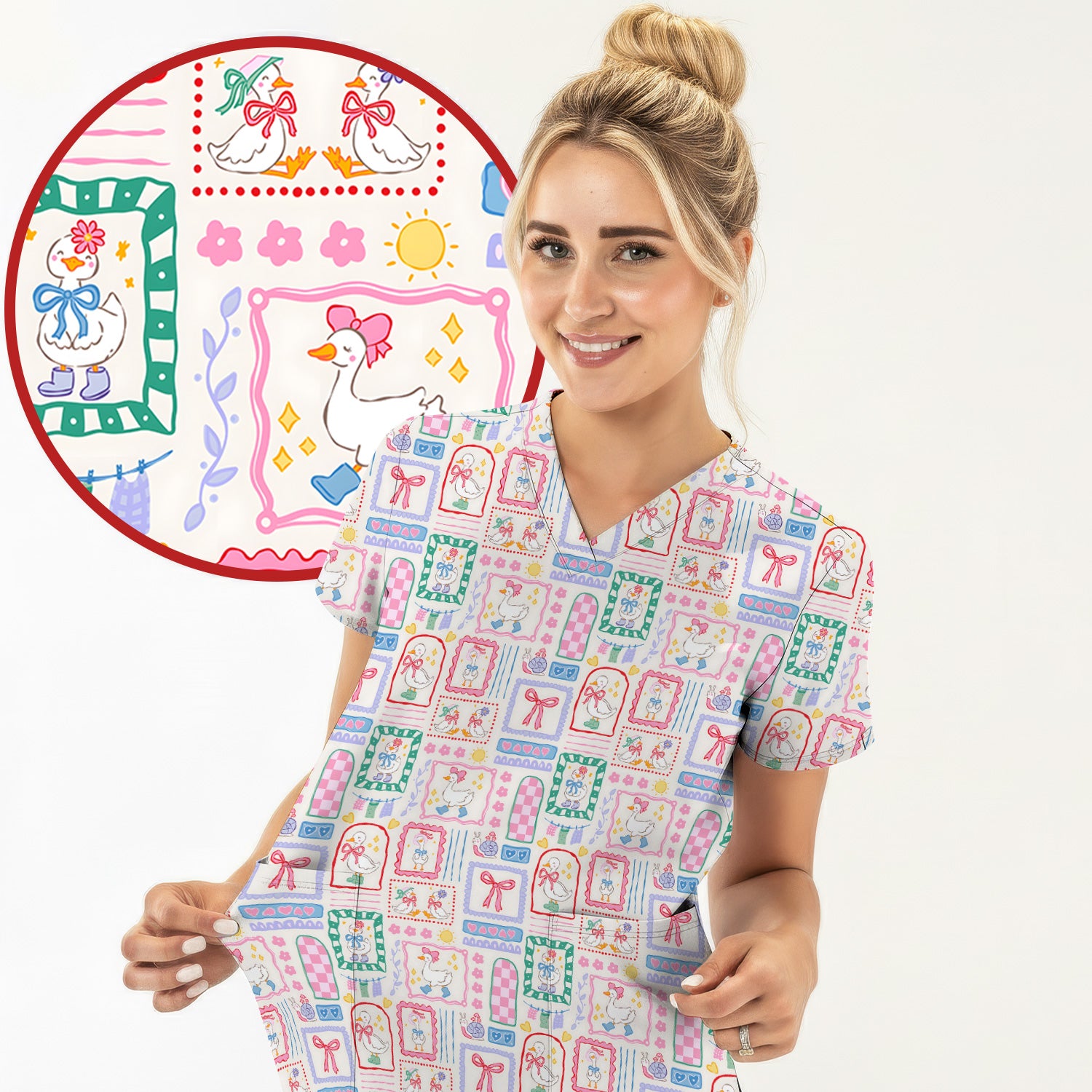 Adorable Nurse Goose Ribbon Patchwork Frame Pattern Scrub Top, Comfortable Scrubs for Nurses