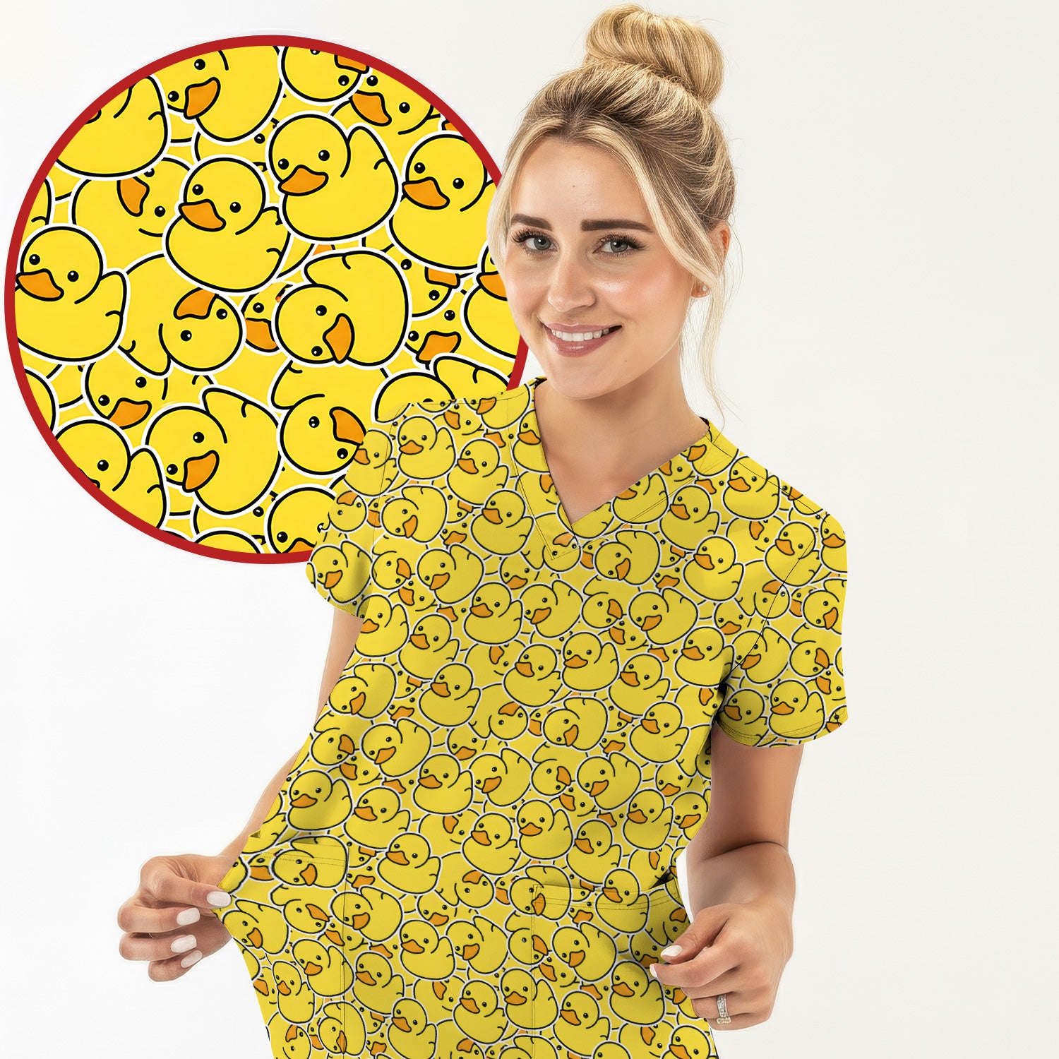 Yellow Rubber Duck Pattern Scrub Top, Comfortable Scrubs for Nurses