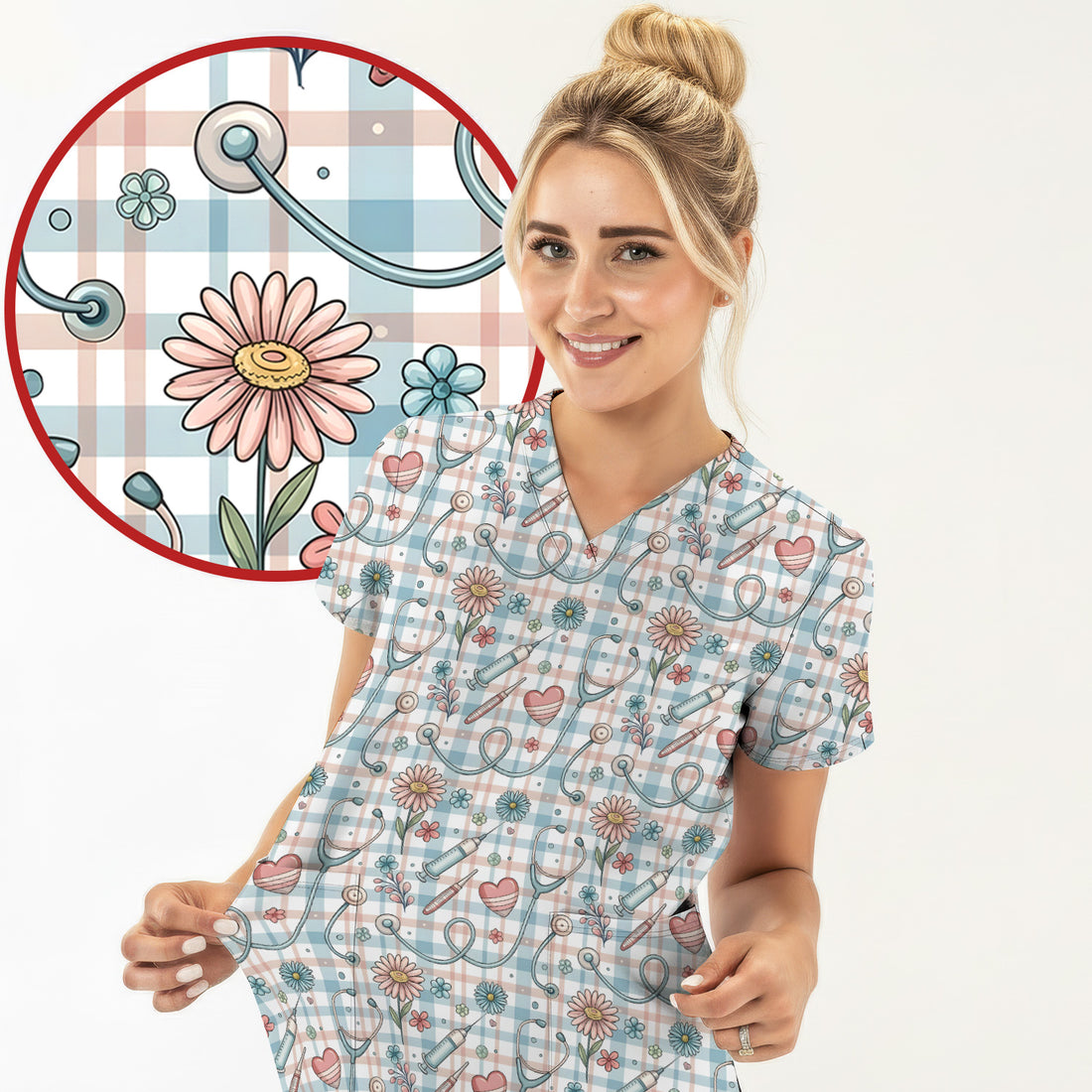 Stethoscope Heart Syringe Floral Plaid Pattern Scrub Top, Comfortable Scrubs for Nurses
