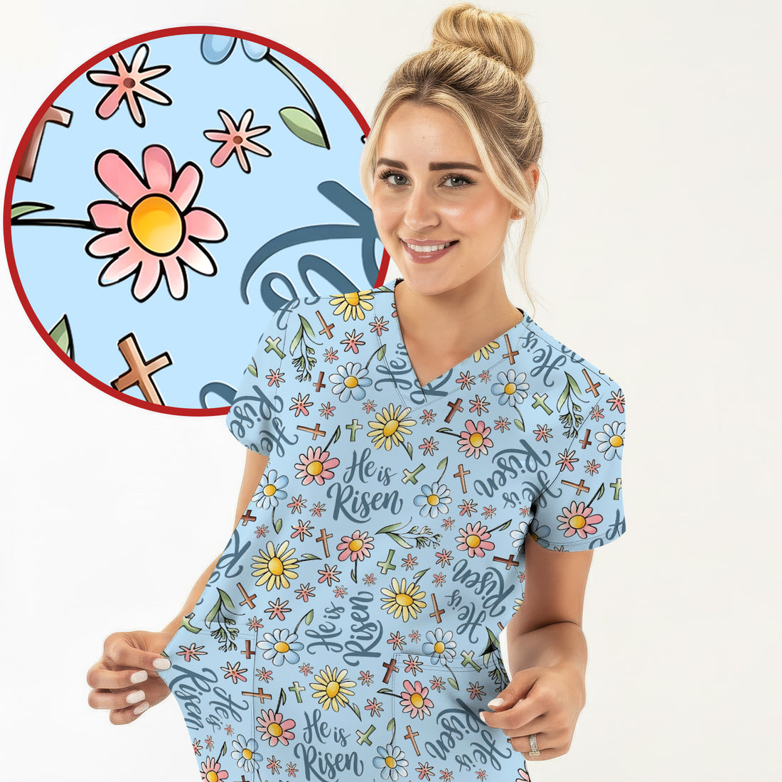 He Is Risen Cross Flower Pattern Scrub Top, Comfortable Scrubs For Nurses