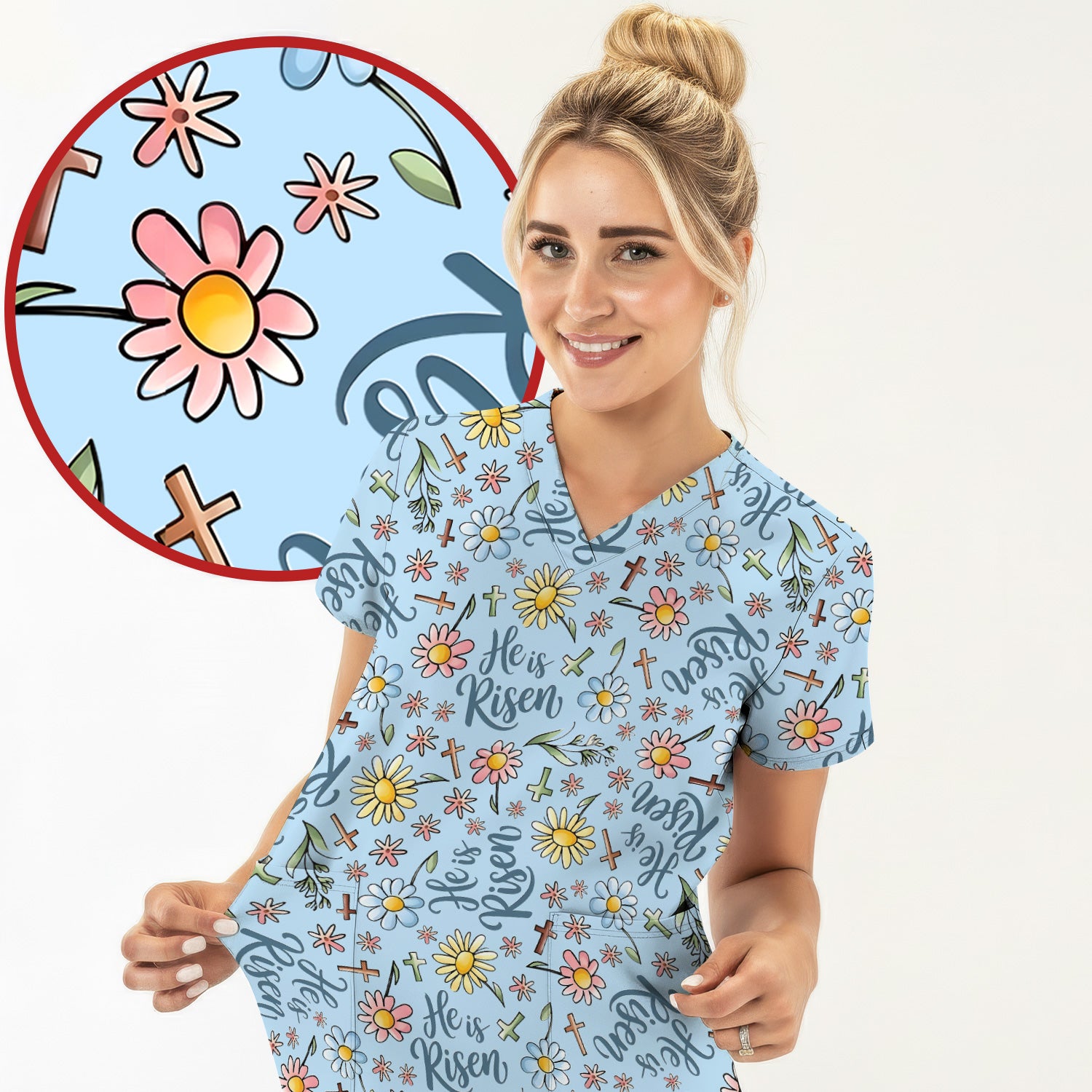 He Is Risen Cross Flower Pattern Scrub Top, Comfortable Scrubs For Nurses