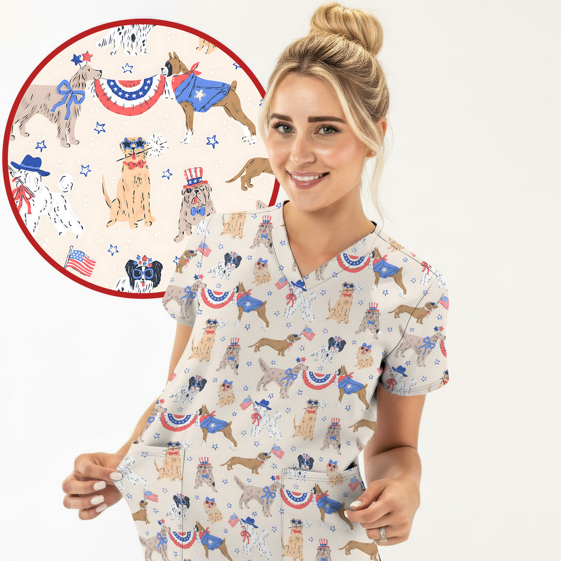 Patriotic Dog Parade Pattern Scrub Top, Comfortable Scrubs for Nurses