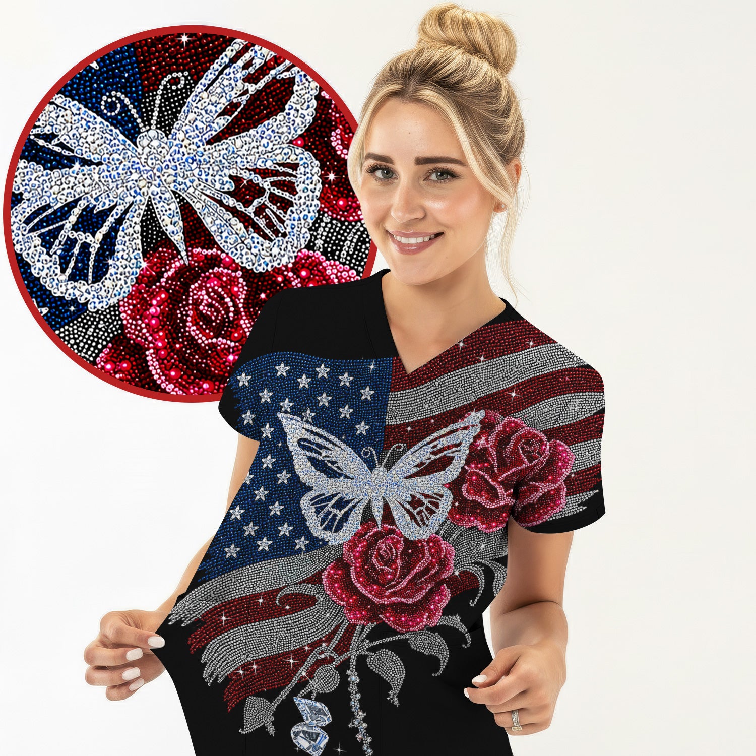 Patriotic Butterfly Rose Flag Print Scrub Top, Comfortable Scrubs for Nurses