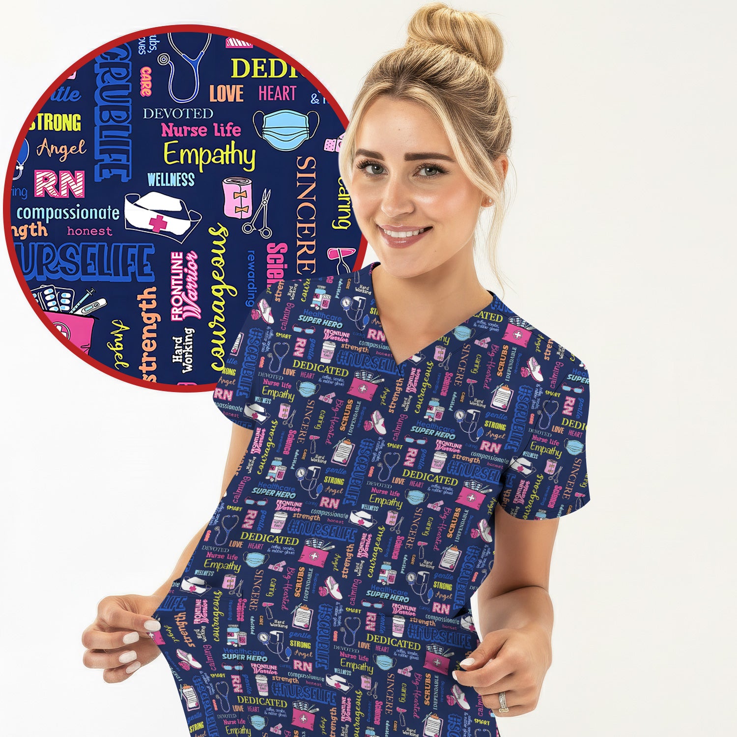 Colorful Nurse Life Typography Print Scrub Top, Breathable Fabrics Nursing Uniform