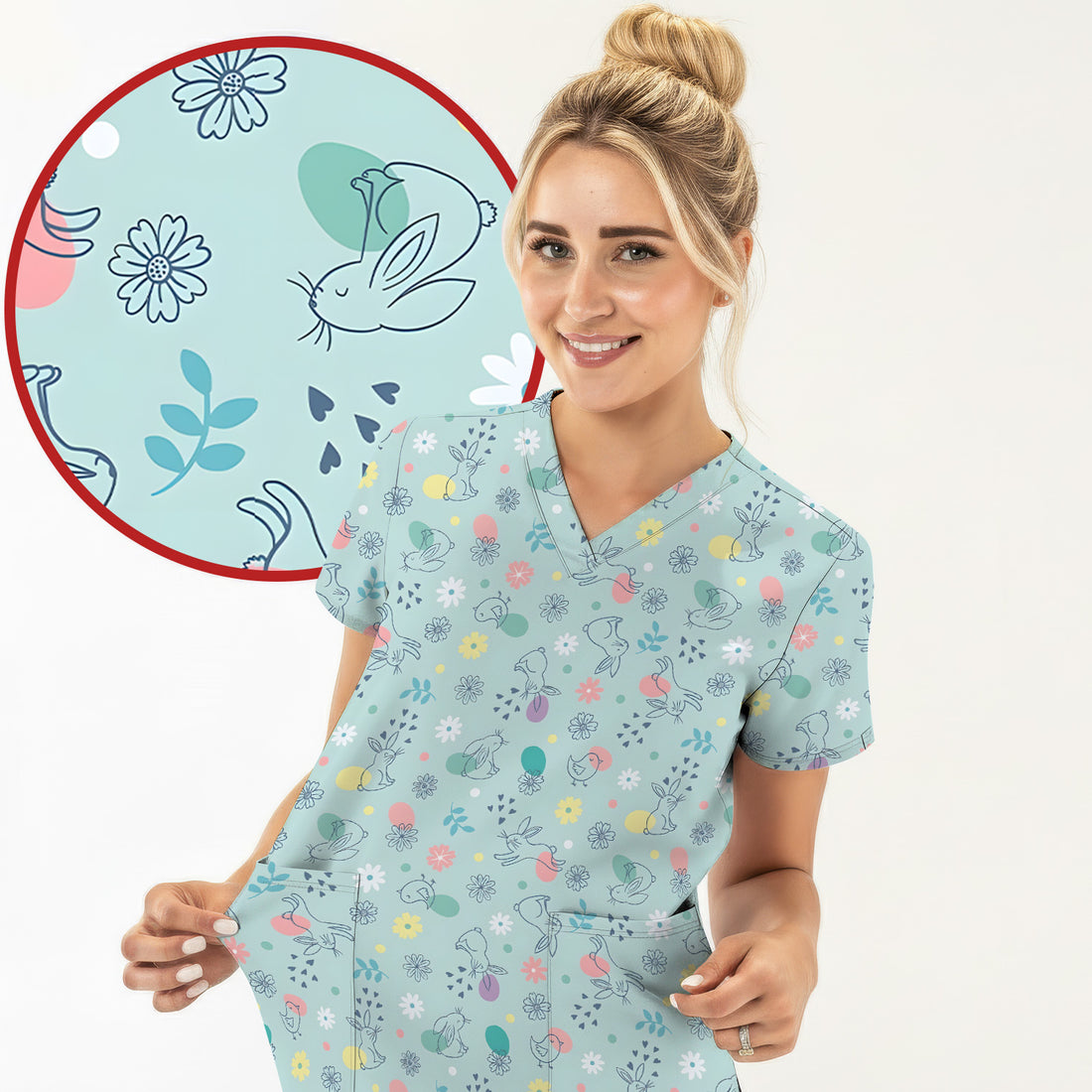 Whimsical Easter Bunny Eggs Pattern Scrub Top, Comfortable Scrubs for Nurses