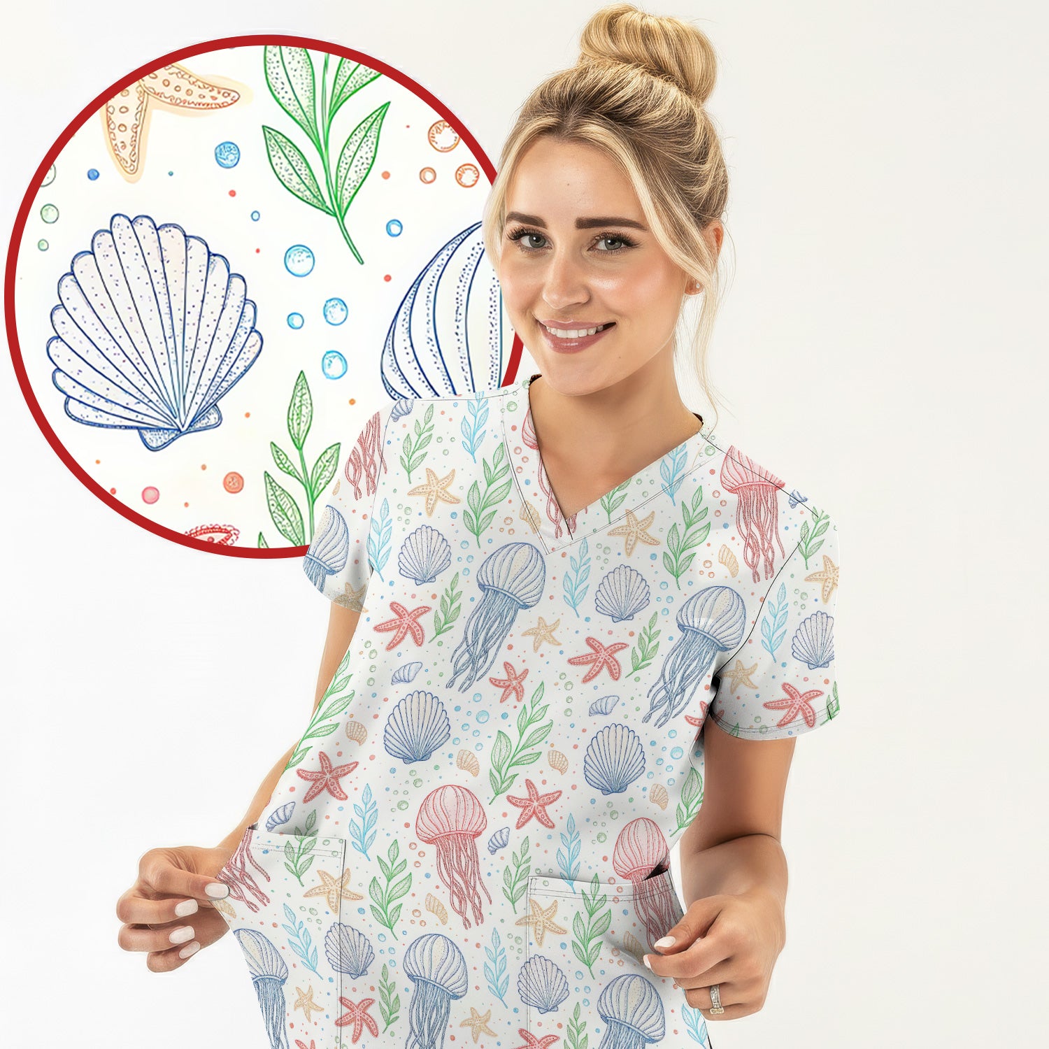Ocean Jellyfish Starfish Seashell Pattern Scrubs Top, Comfortable Scrubs for Nurses