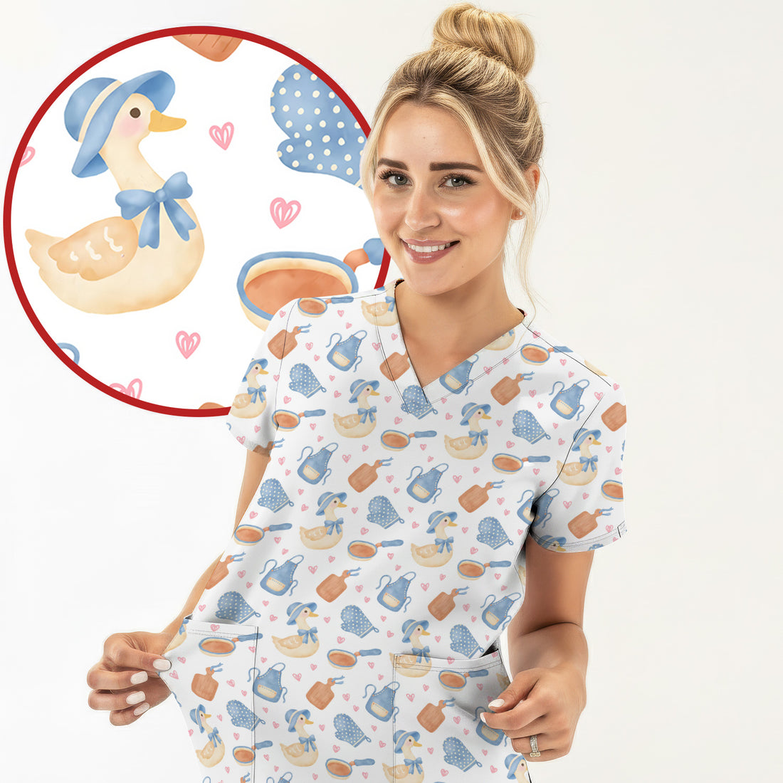 Duck Apron Kitchen Utensil Heart Pattern Scrub Top, Comfortable Scrubs for Nurses