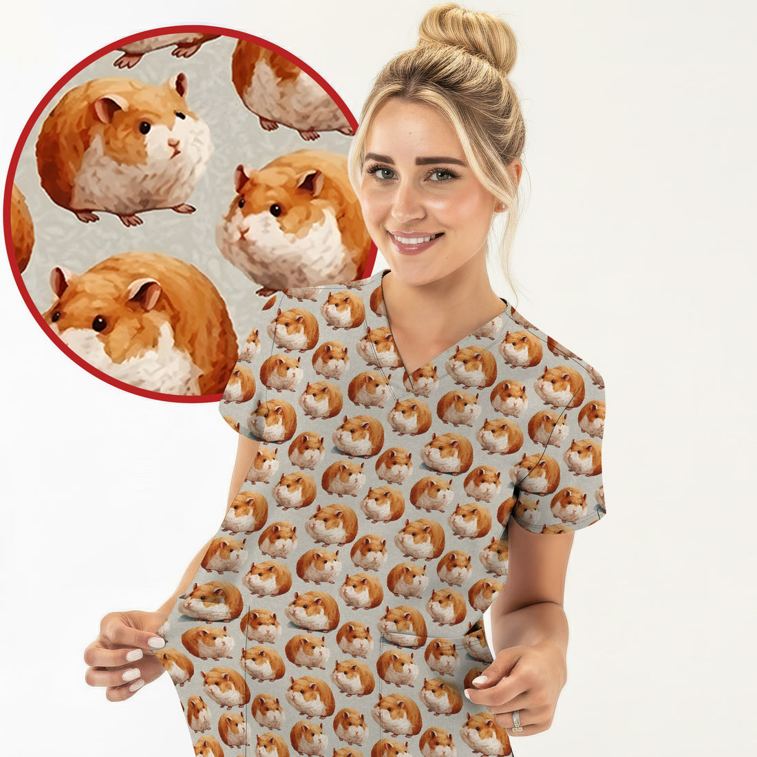 Cute Hamster Pattern Nurse Scrub Top, Comfortable Scrubs for Nurses