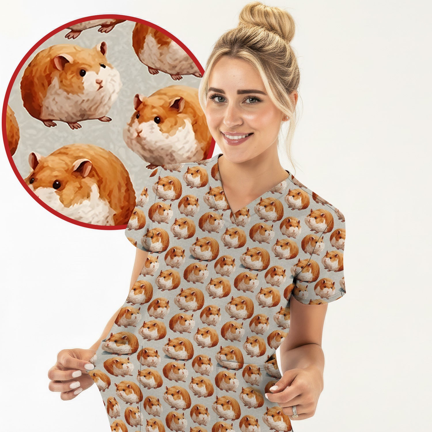 Cute Hamster Pattern Nurse Scrub Top, Comfortable Scrubs for Nurses