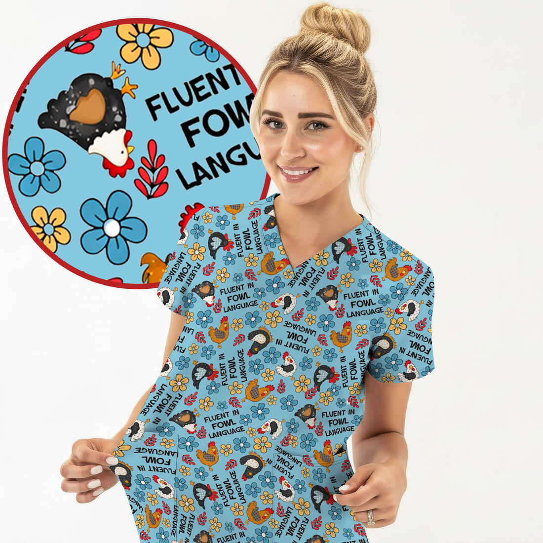 Funny Chicken Fluent in Fowl Language Pattern Scrub Top, Comfortable Scrubs for Nurses